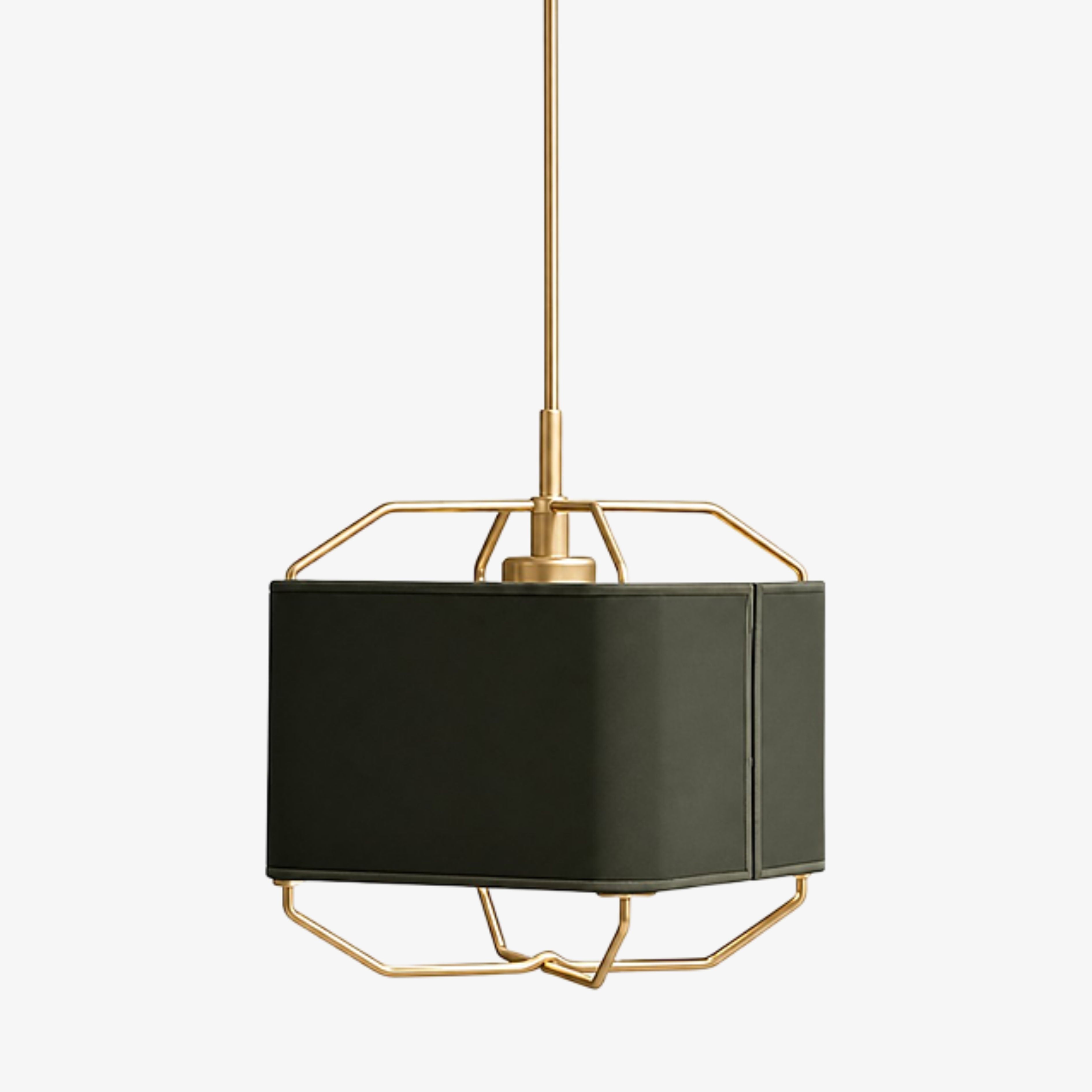 Dark green square leather pendant lamp with brass frame
