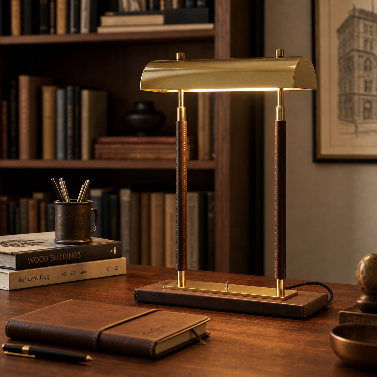 Brown leather double-column table lamp in a warm library