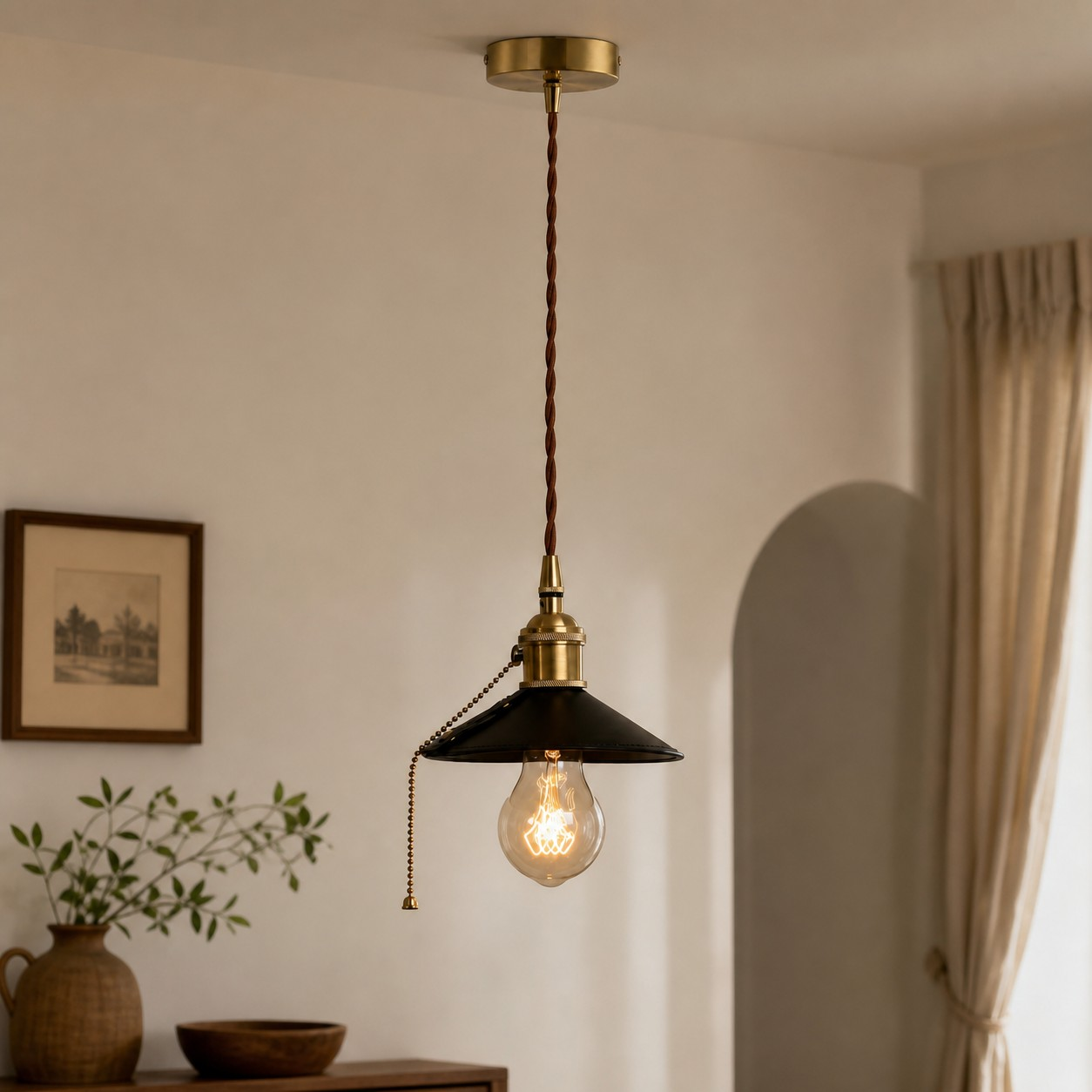 Black leather pendant lamp in a neutral interior