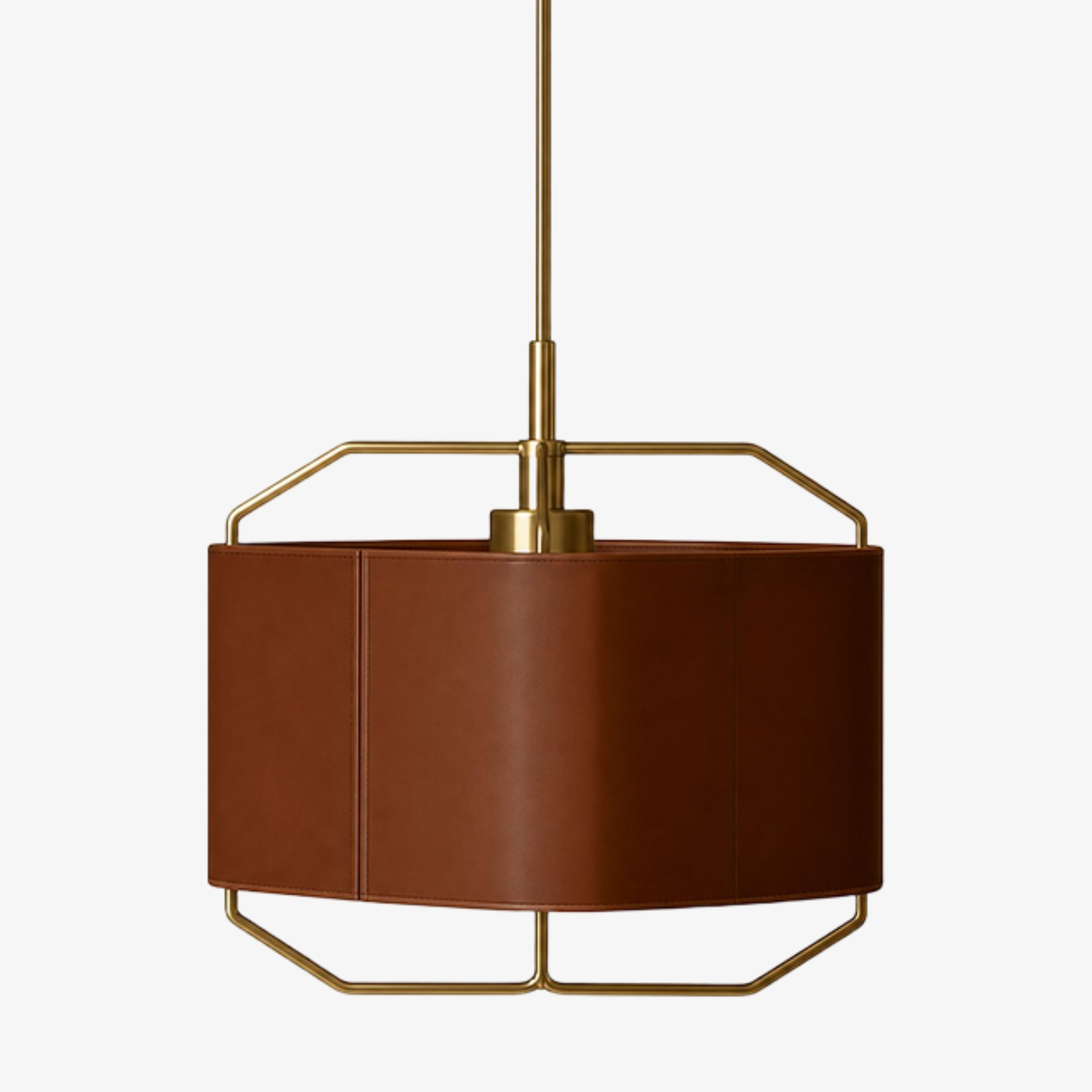 Chestnut brown square leather pendant lamp with brass frame