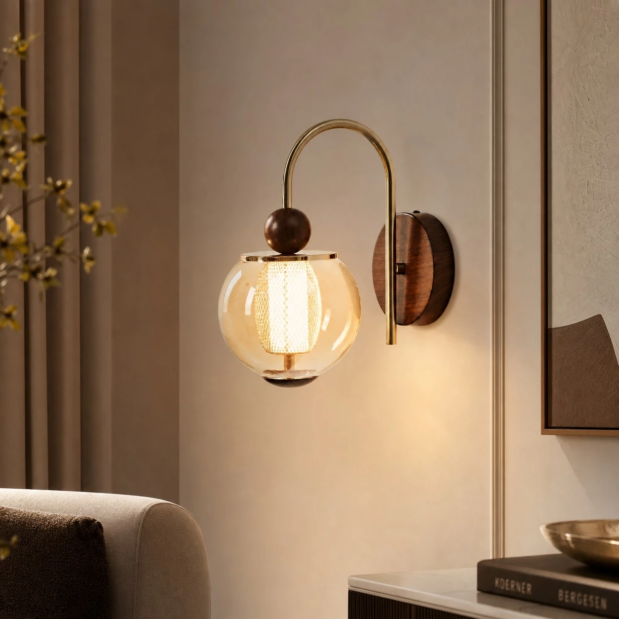 Arched amber-glass wall sconce in a calm living room