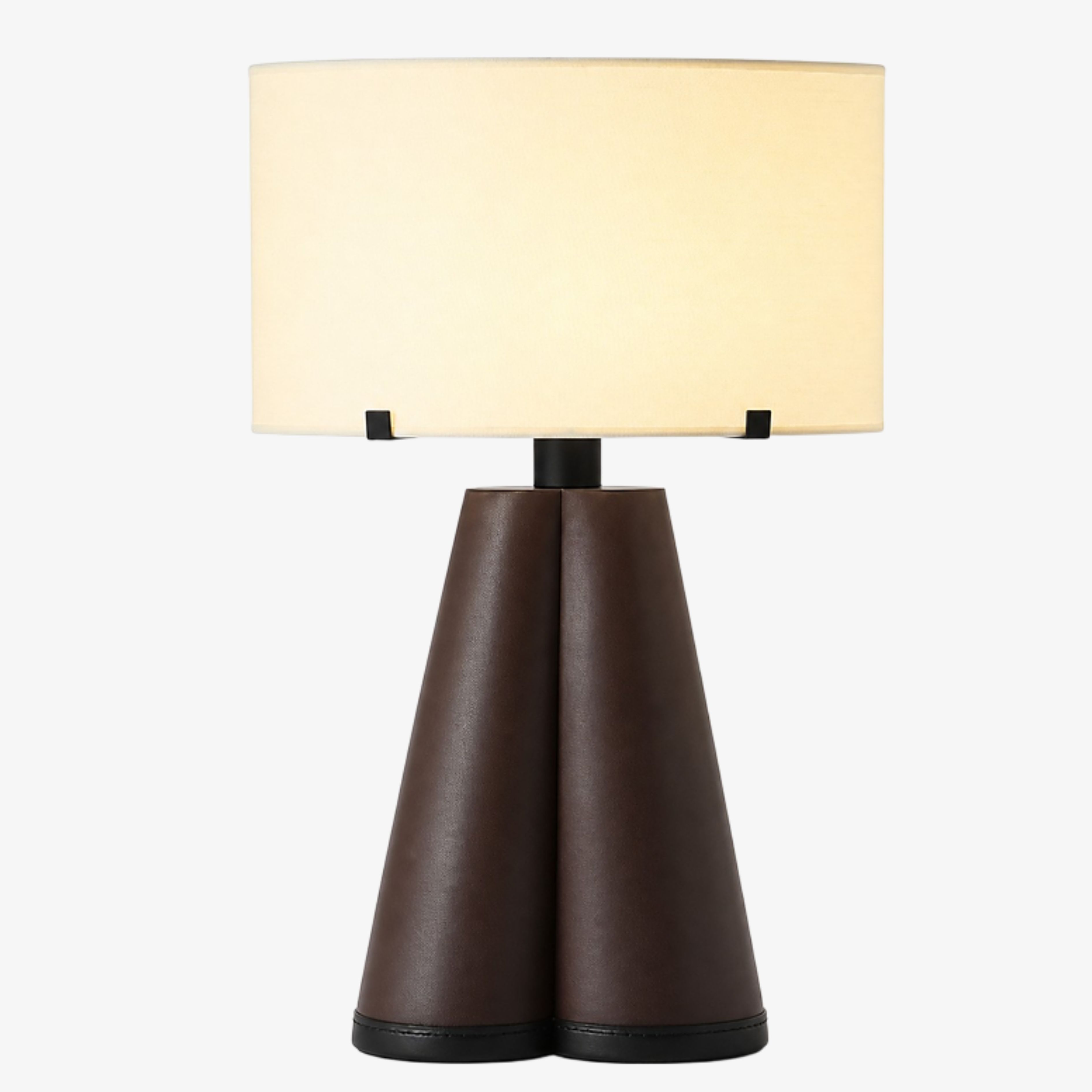 Brown leather twin cone table lamp with cream fabric shade