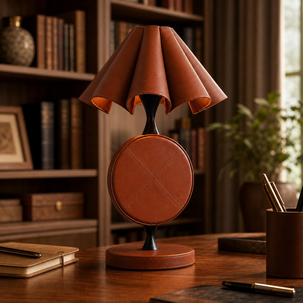 Folded leather table lamp in a study setting