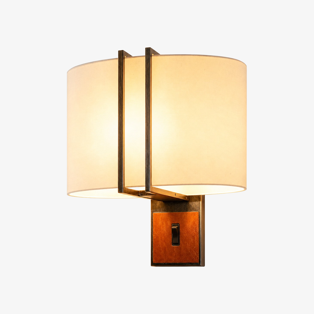 Shade B leather panel fabric wall lamp with switch