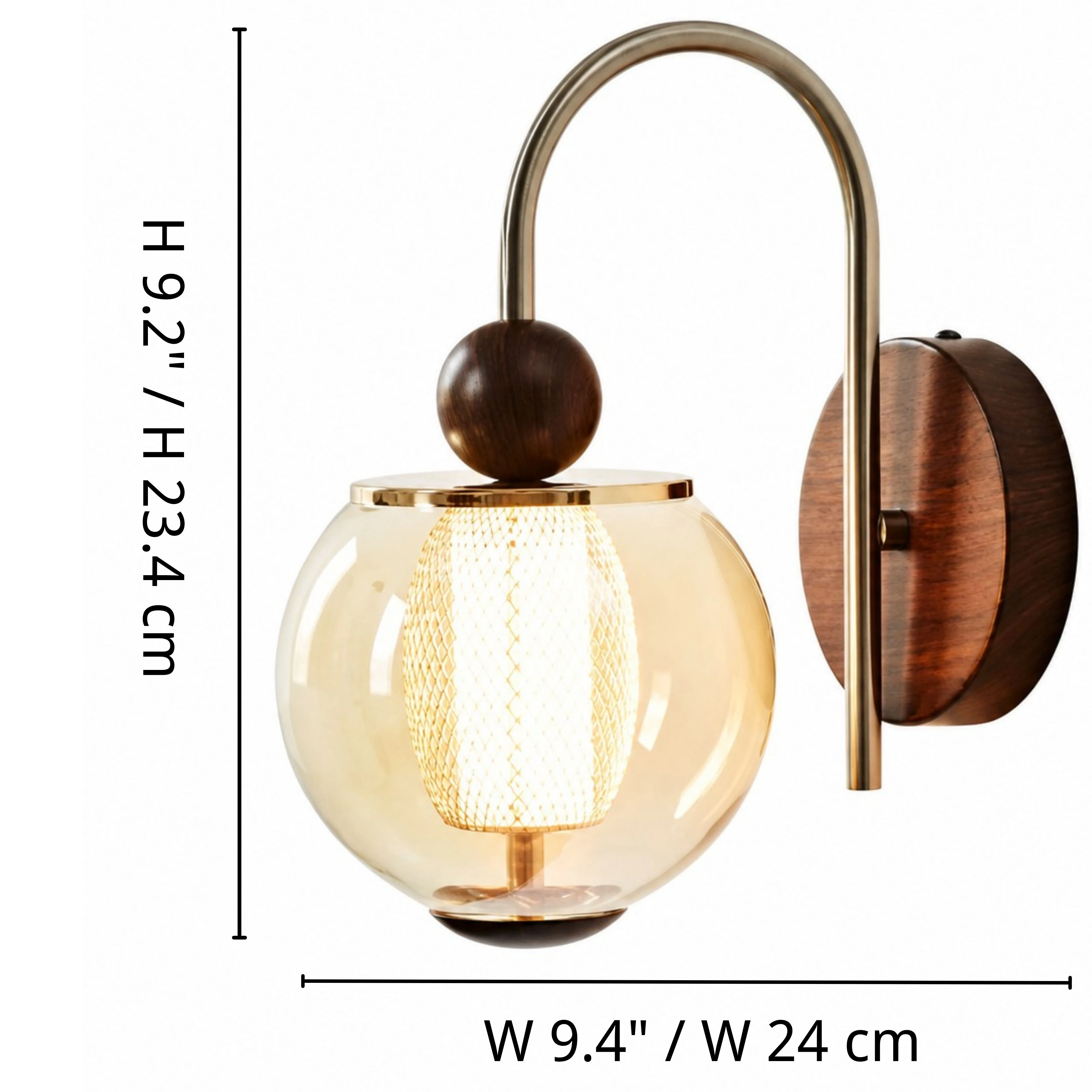 Orbit arched amber-glass wall sconce dimensions: width 24 centimeters and height 23.4 centimeters