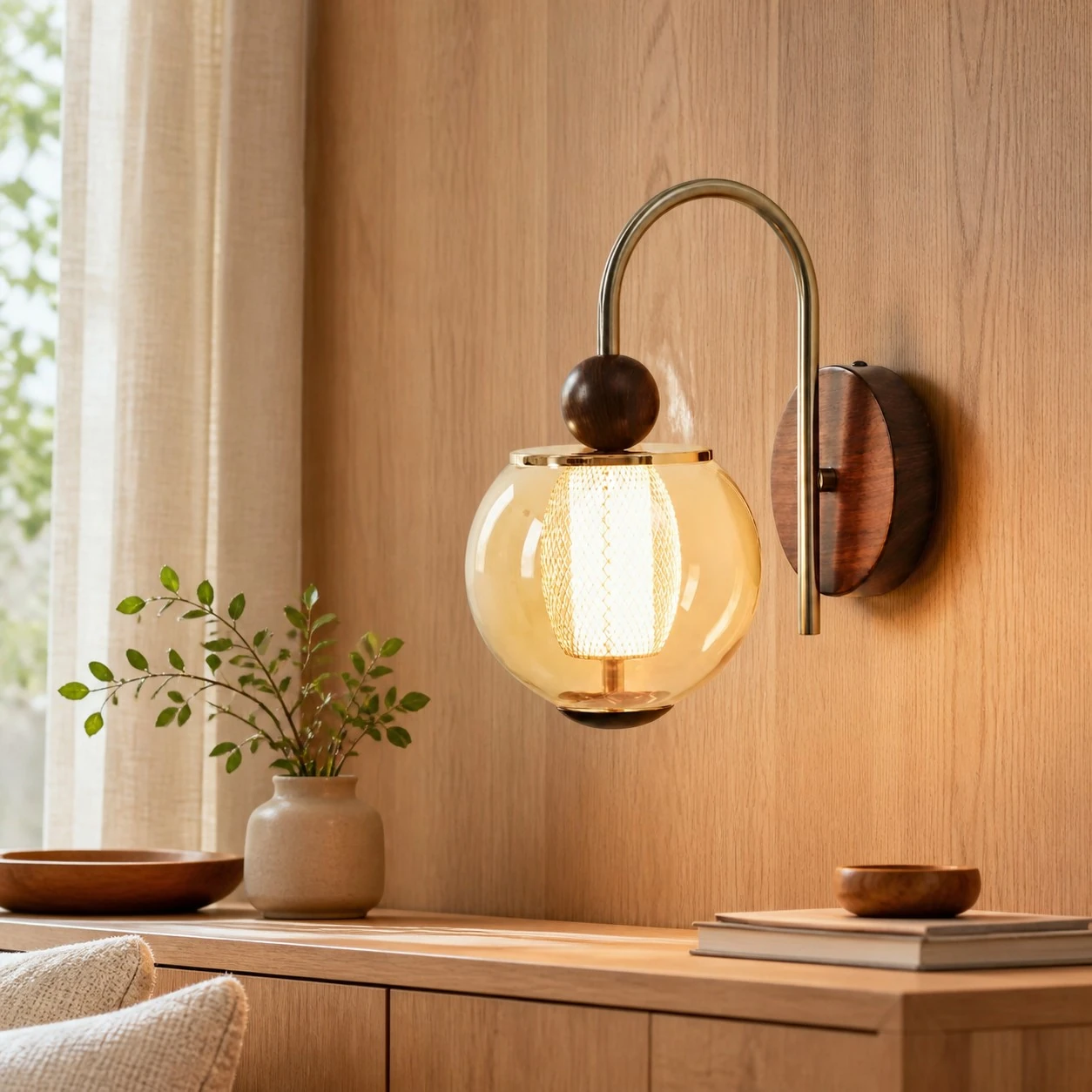 Arched amber-glass wall sconce above a warm wood console