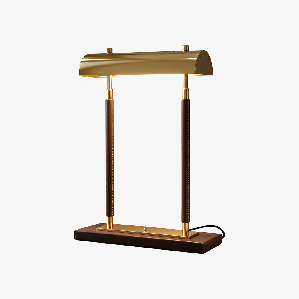 Brown leather-wrapped double-column table lamp