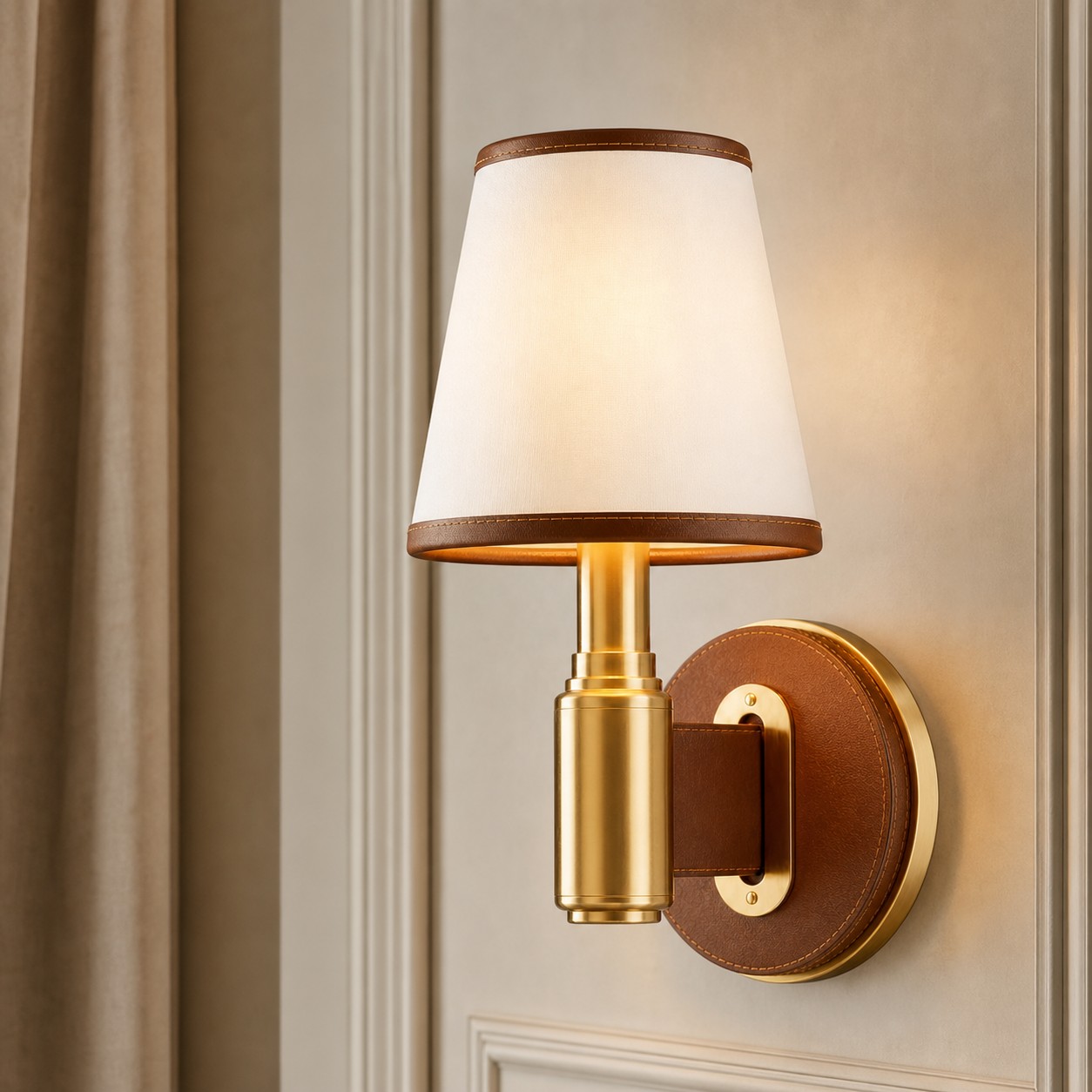 Light brown leather wall lamp in a warm interior