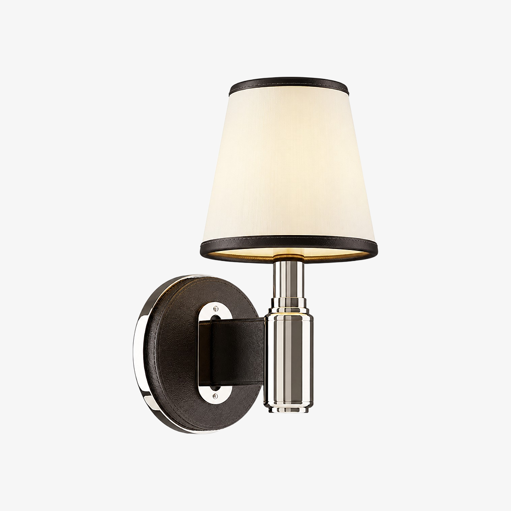 Black leather and polished metal wall lamp with cream fabric shade