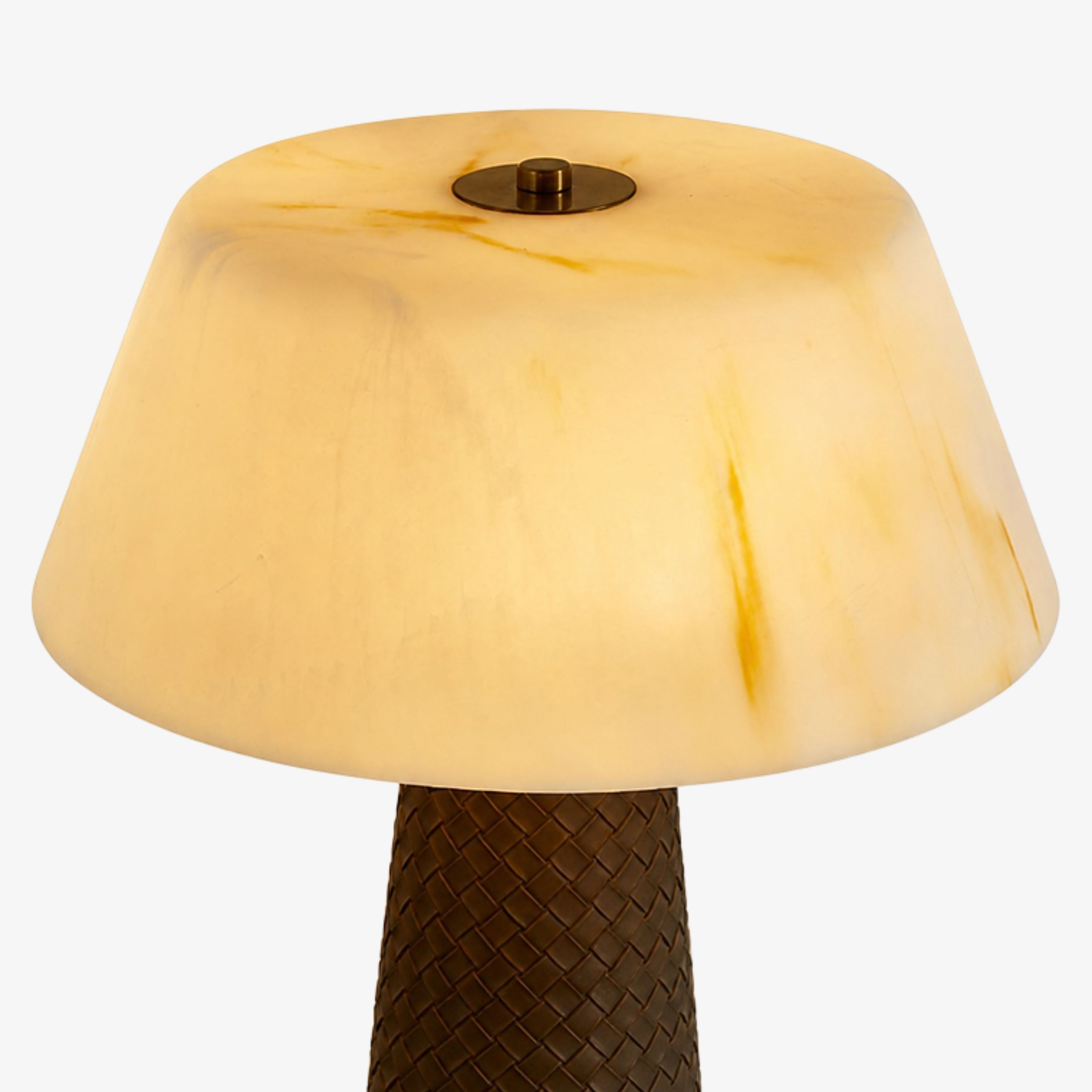 Close view of the illuminated faux marble shade