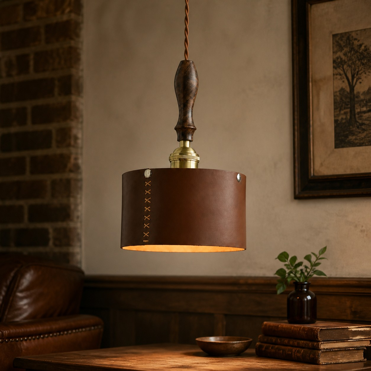 Dark brown leather pendant lamp in a vintage study