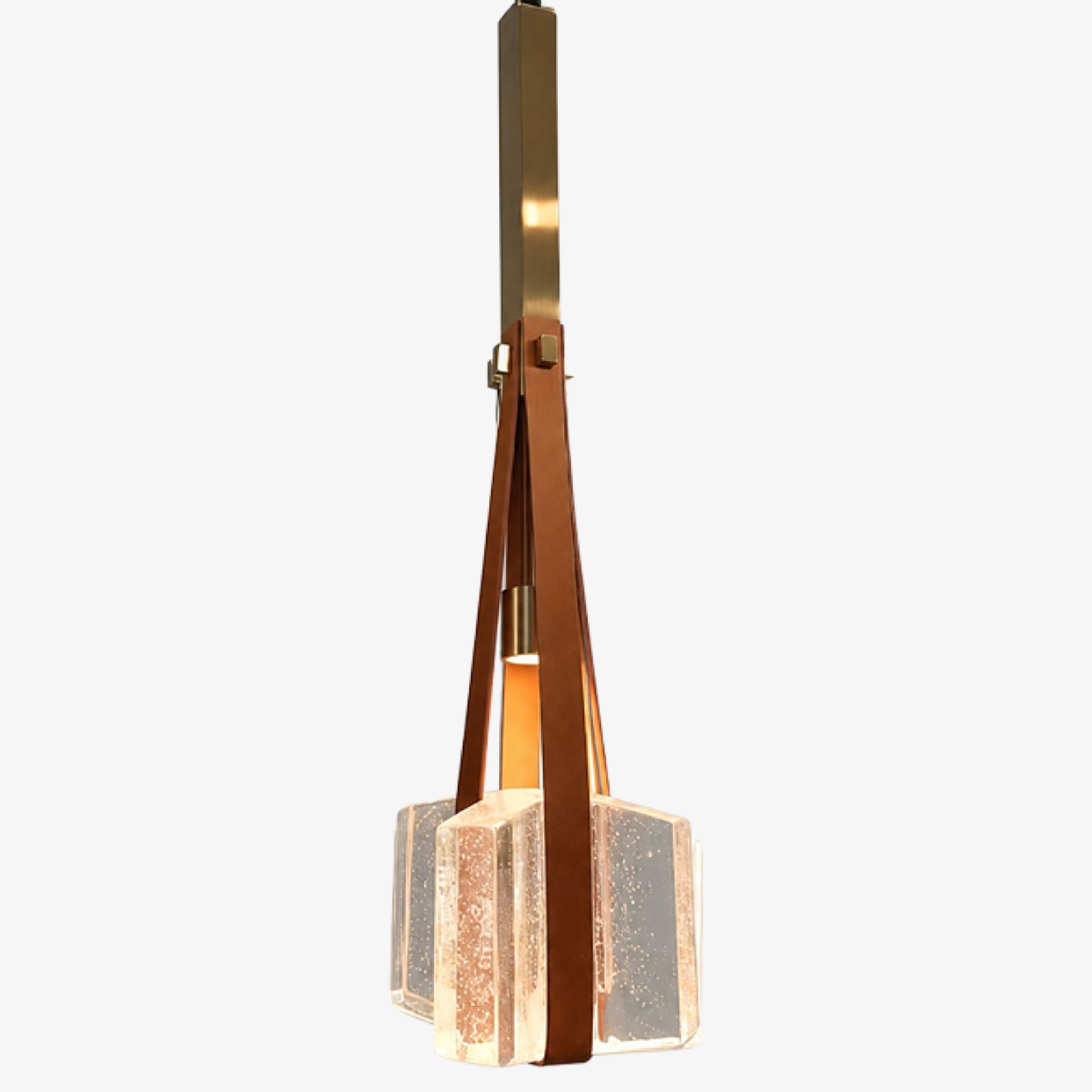 Brown leather strap pendant lamp with bubble glass shade