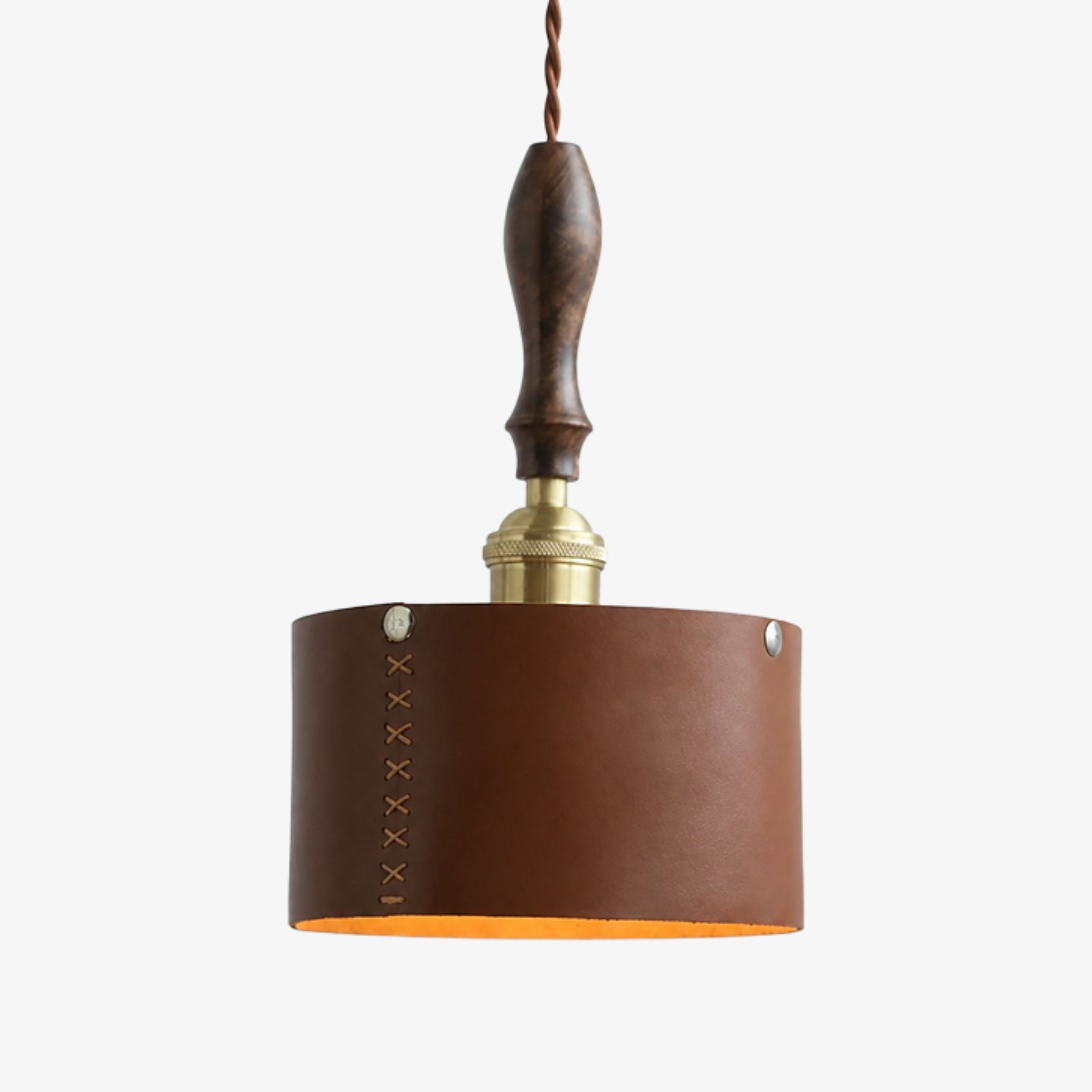 Dark brown stitched leather pendant lamp with wood handle