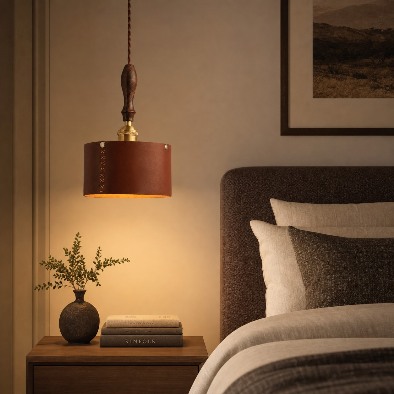 Dark brown leather pendant lamp beside a bed