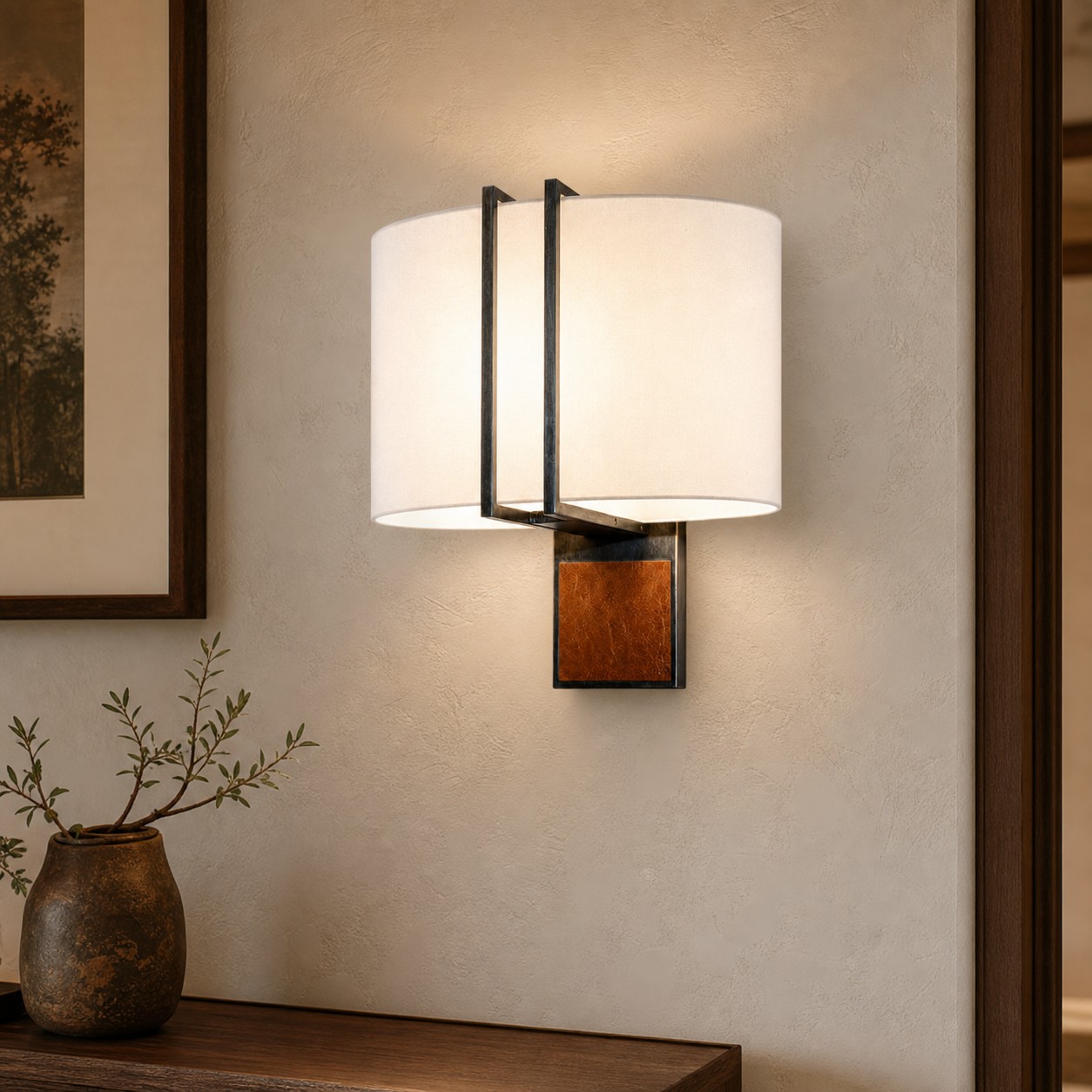 Shade A leather and fabric wall lamp in an entryway