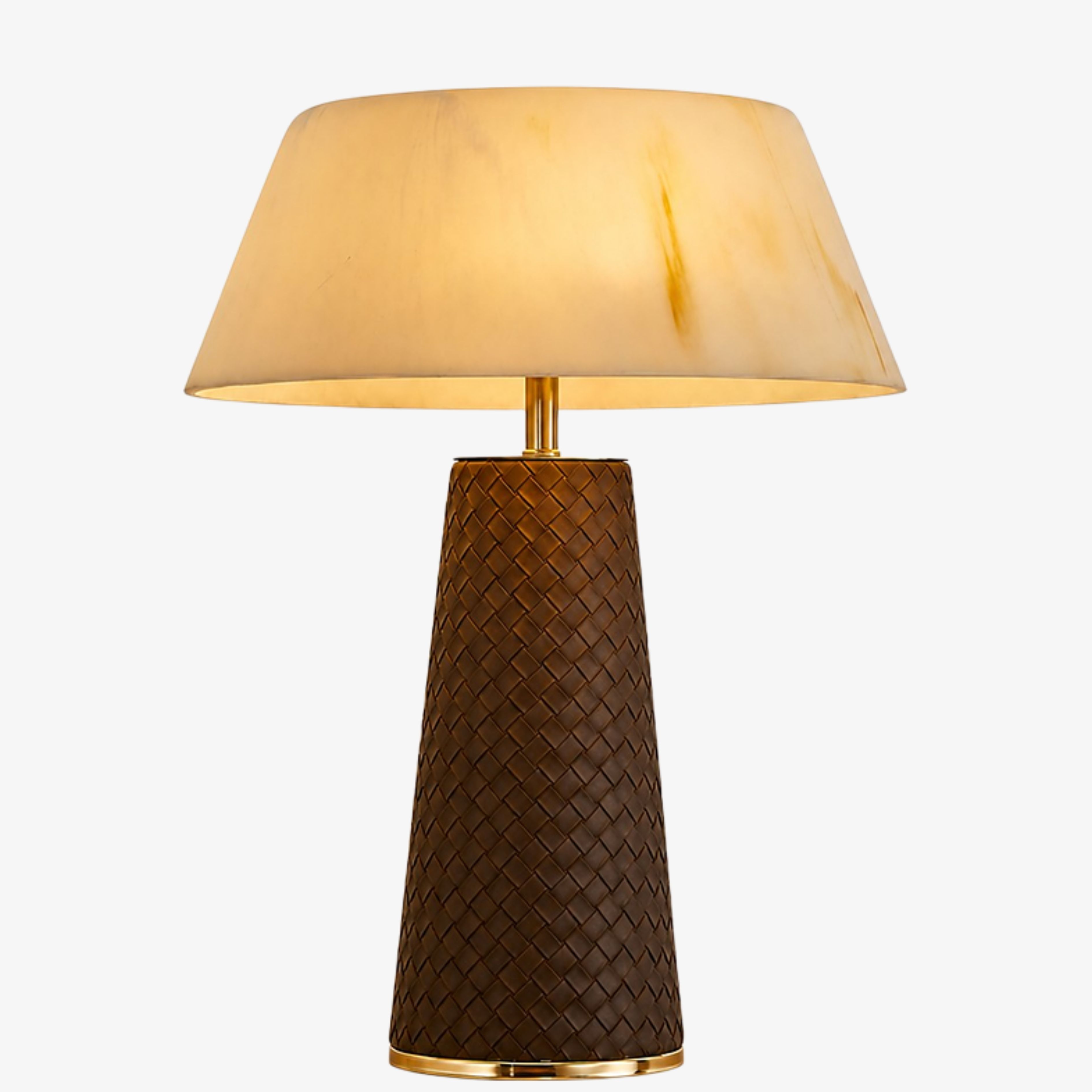 Woven brown leather and faux marble table lamp