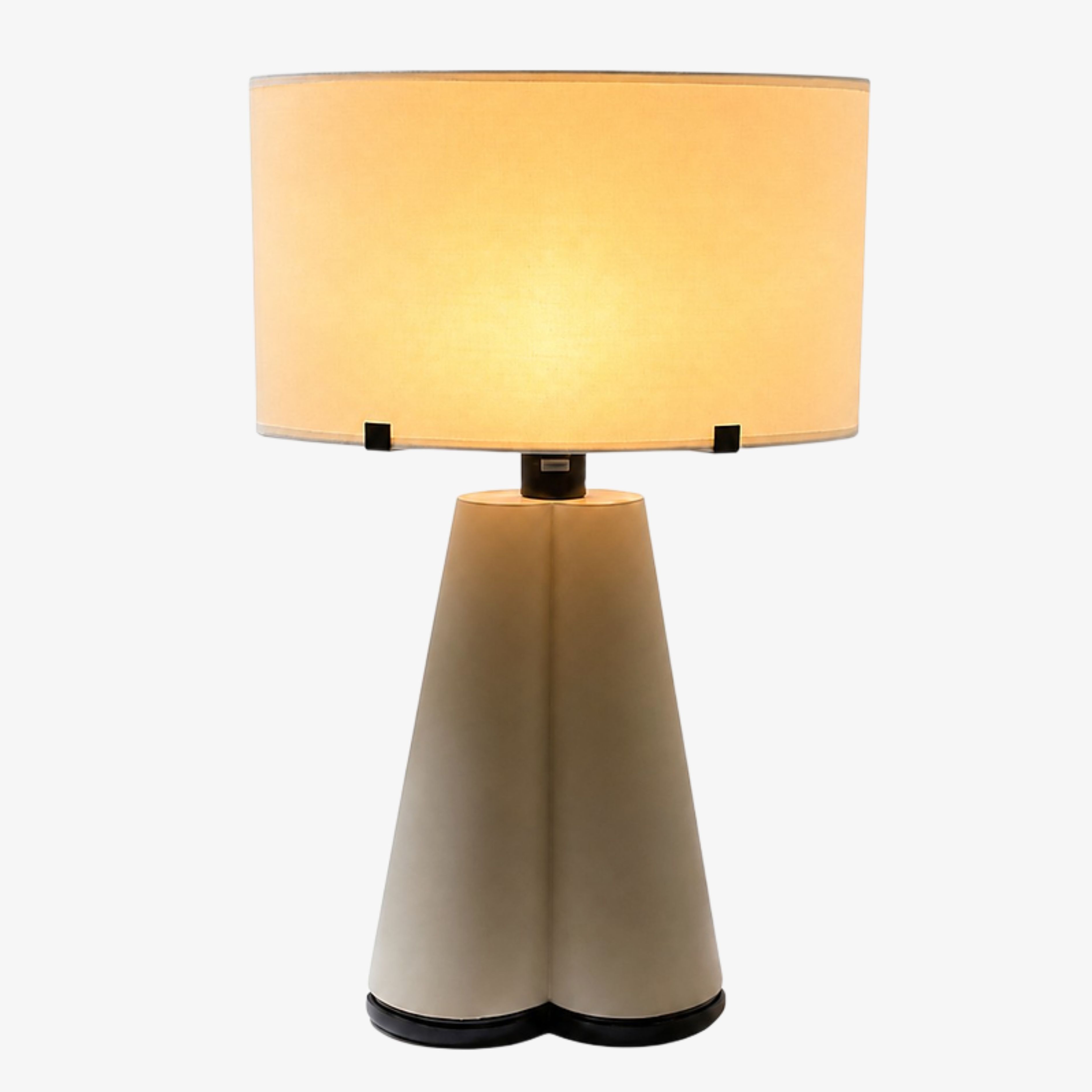 Beige leather twin cone table lamp with cream fabric shade