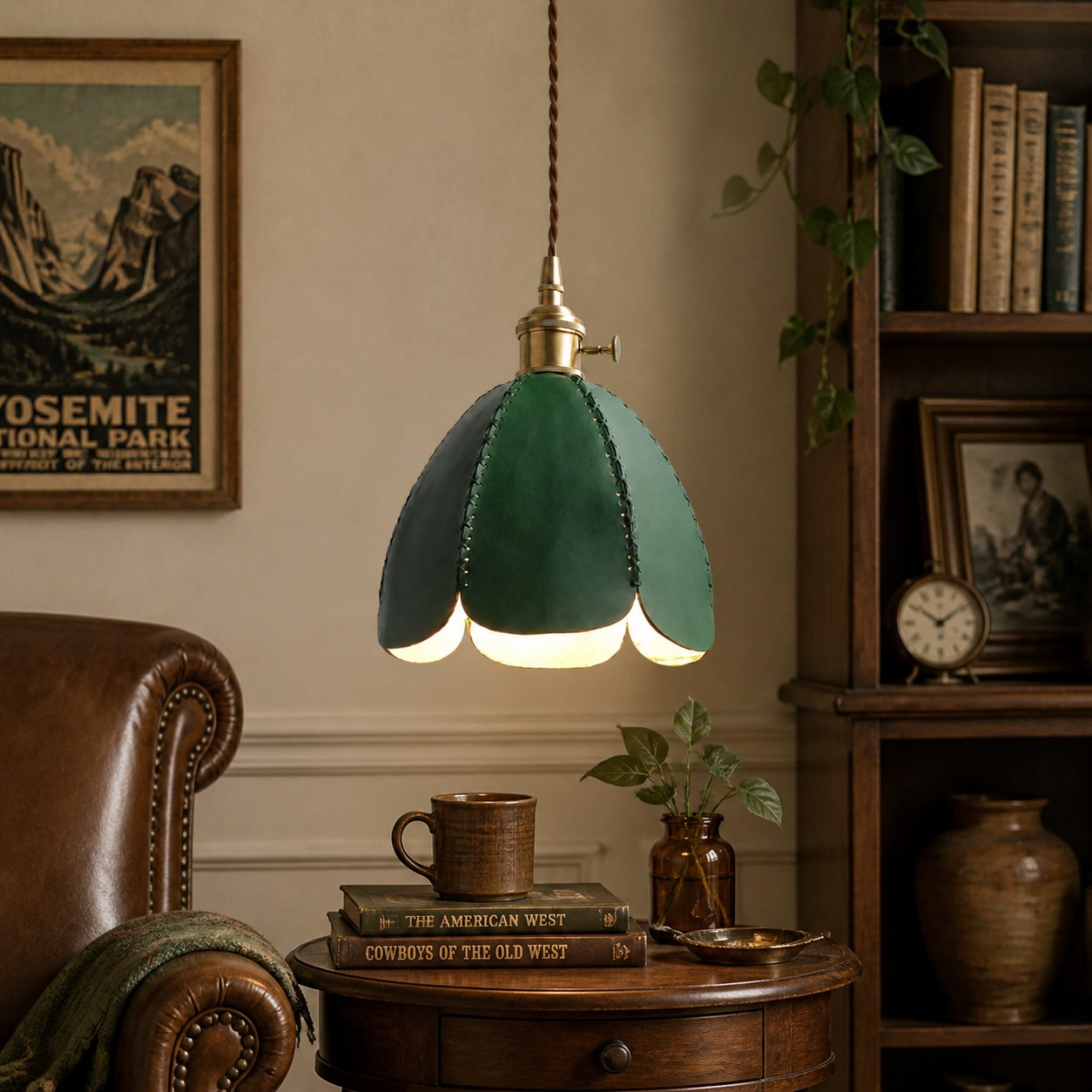 Green leather petal pendant lamp in a vintage reading corner