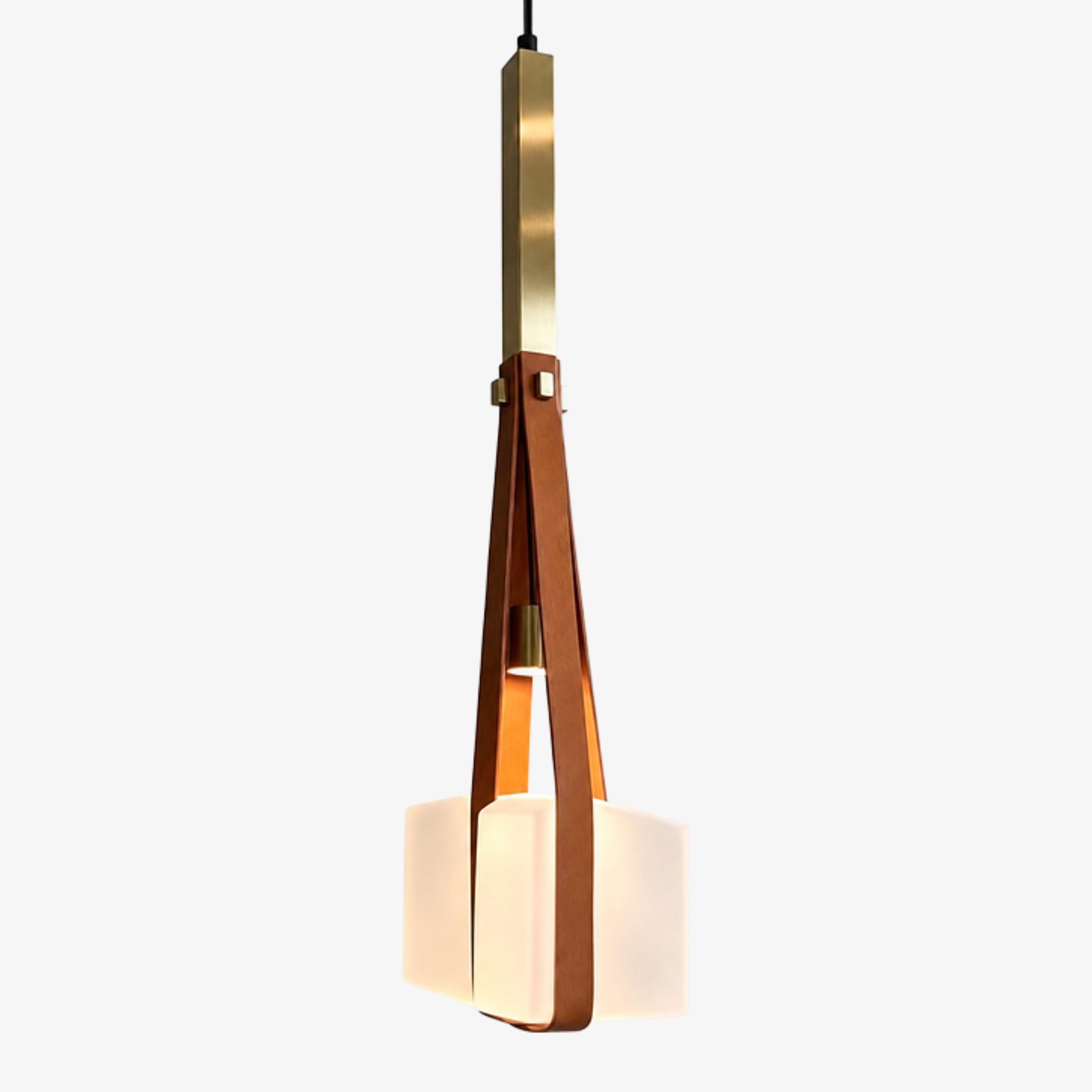 Brown leather strap pendant lamp with white glass shade