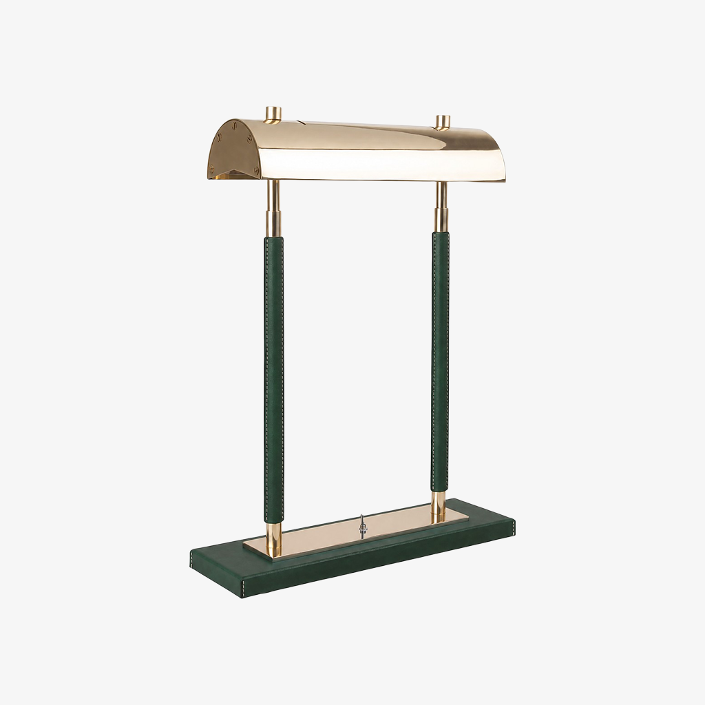 Green leather-wrapped double-column table lamp