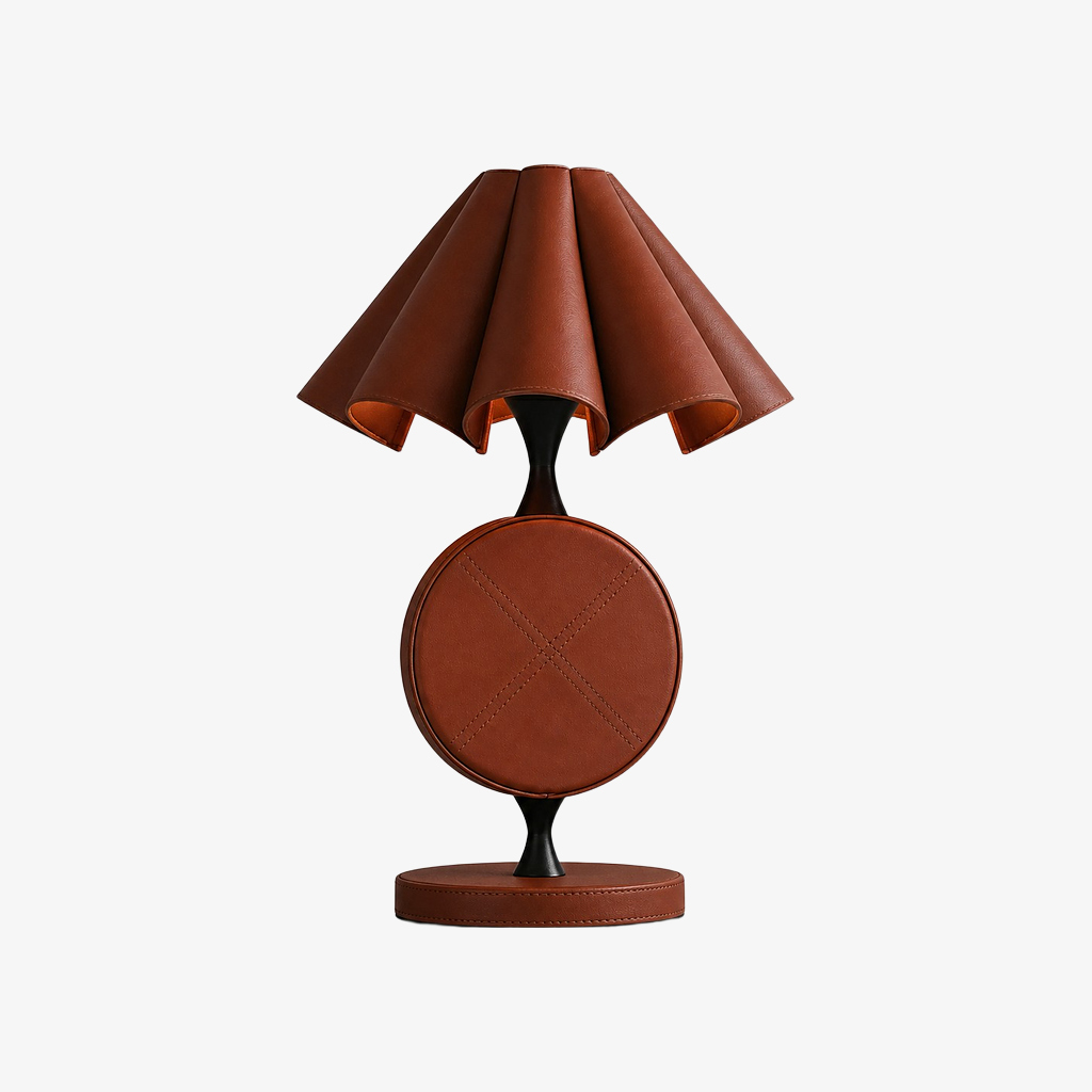 Brown folded leather table lamp with black metal frame