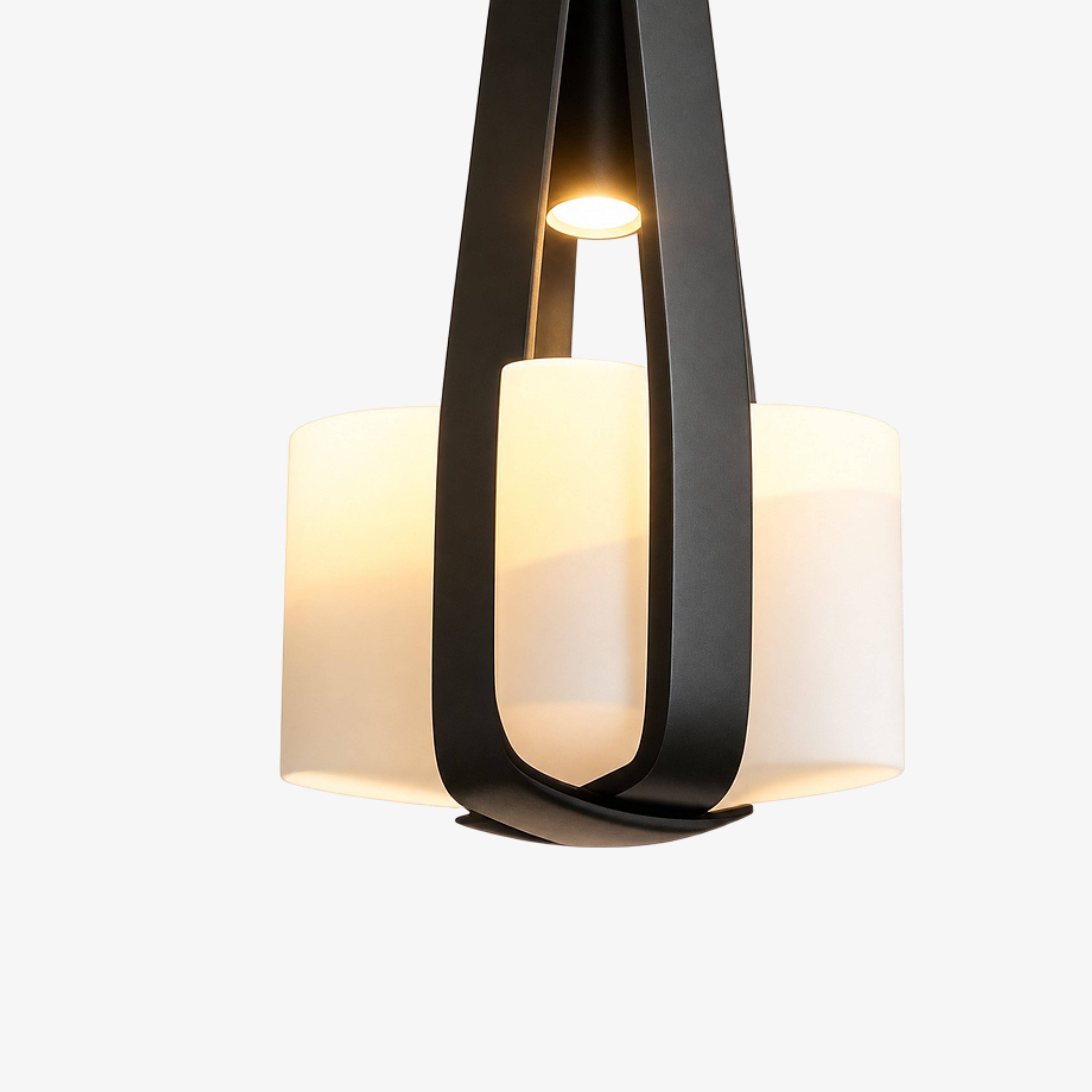 White glass shade and black leather strap detail