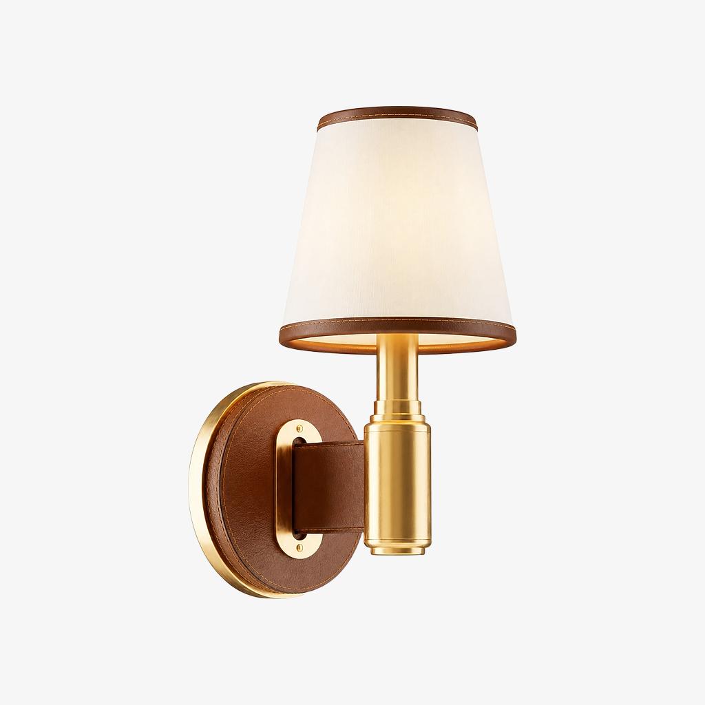 Light brown leather and brass wall lamp with cream fabric shade