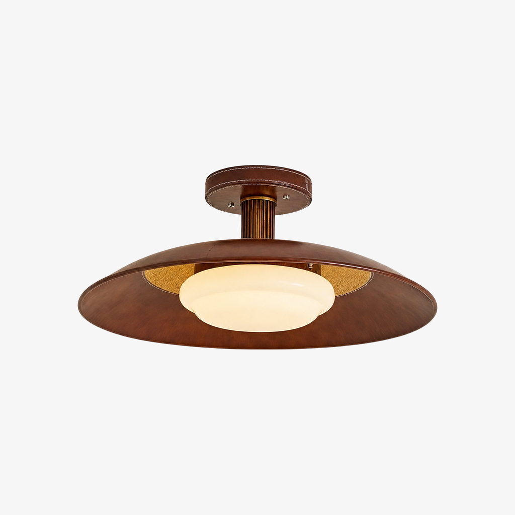 Brown leather-wrapped vintage disc ceiling lamp with opal glass shade