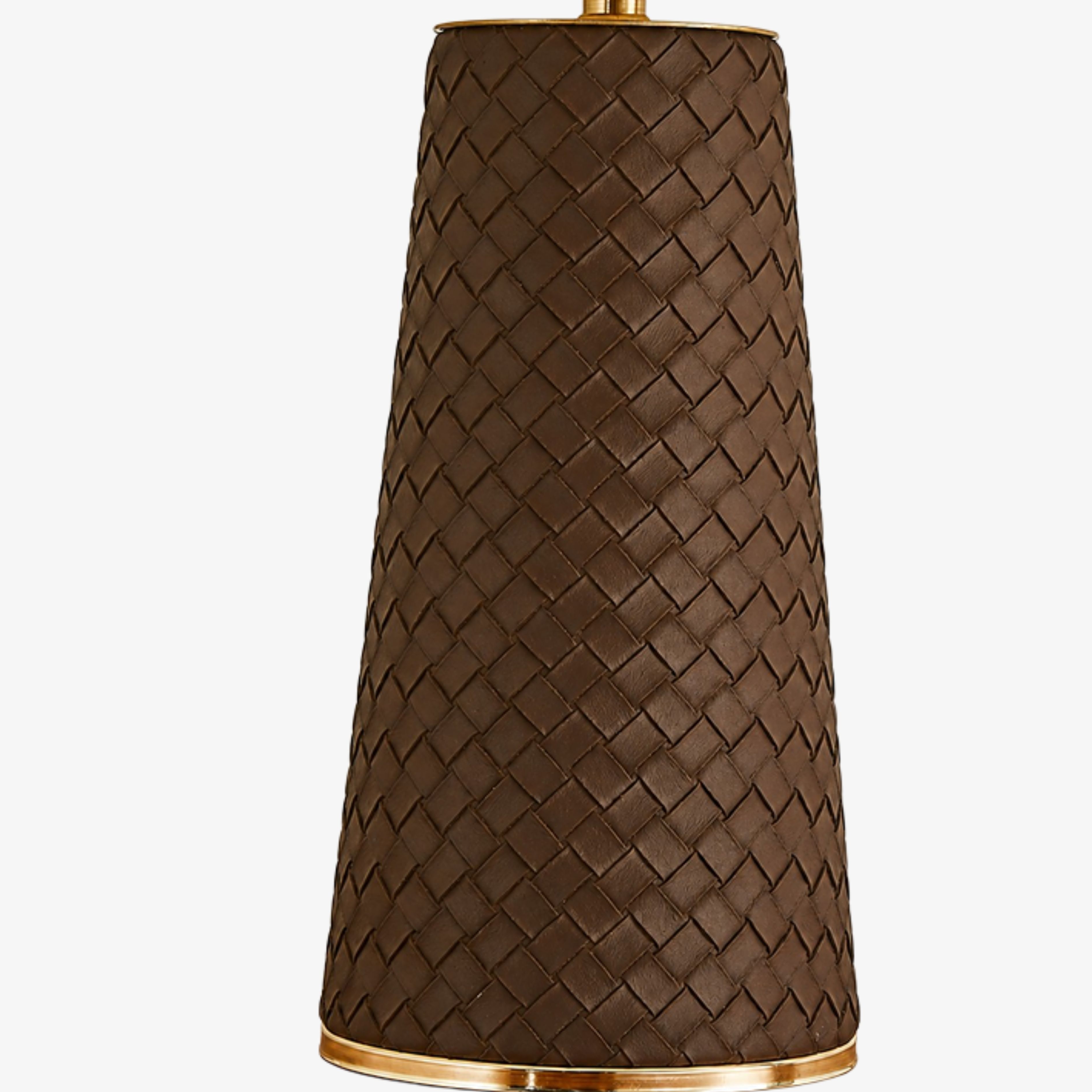 Close view of the woven brown leather lamp body