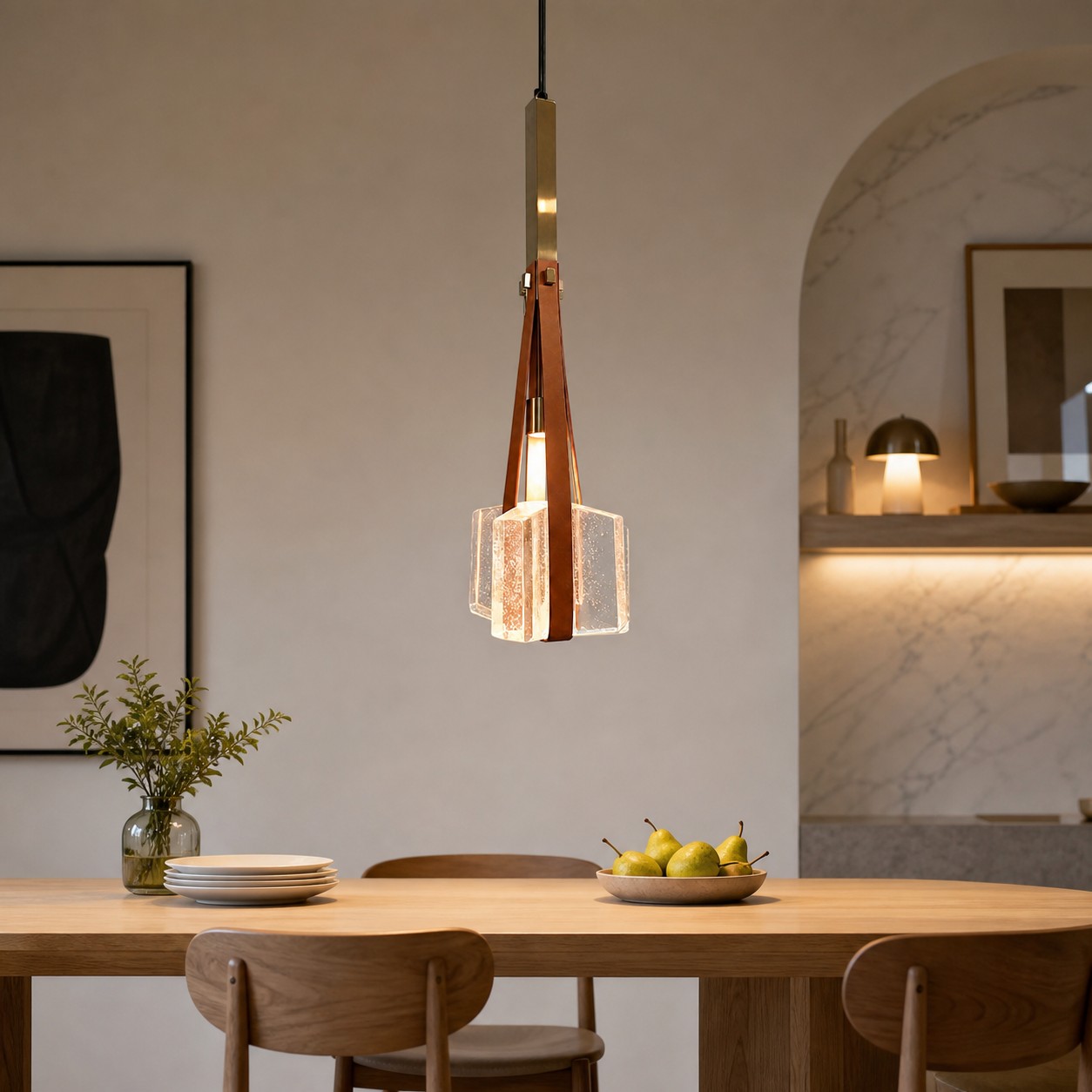 Brown leather and bubble glass pendant lamp above a dining table