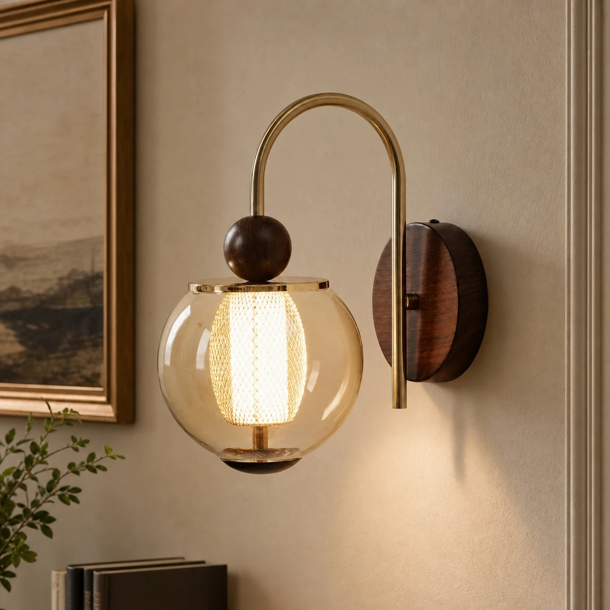Arched amber-glass wall sconce in a warm hallway