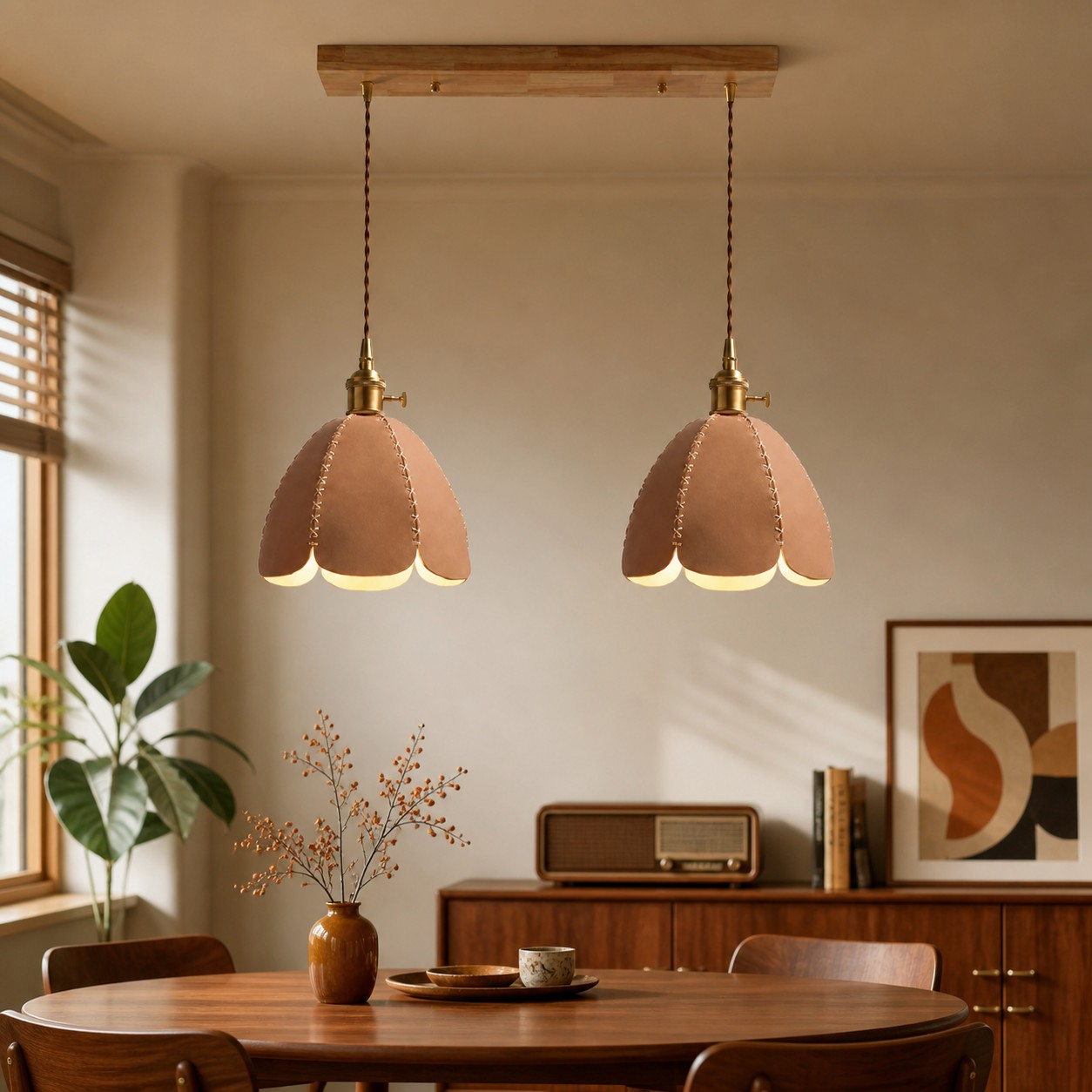 Two natural leather petal pendant lamps above a dining table