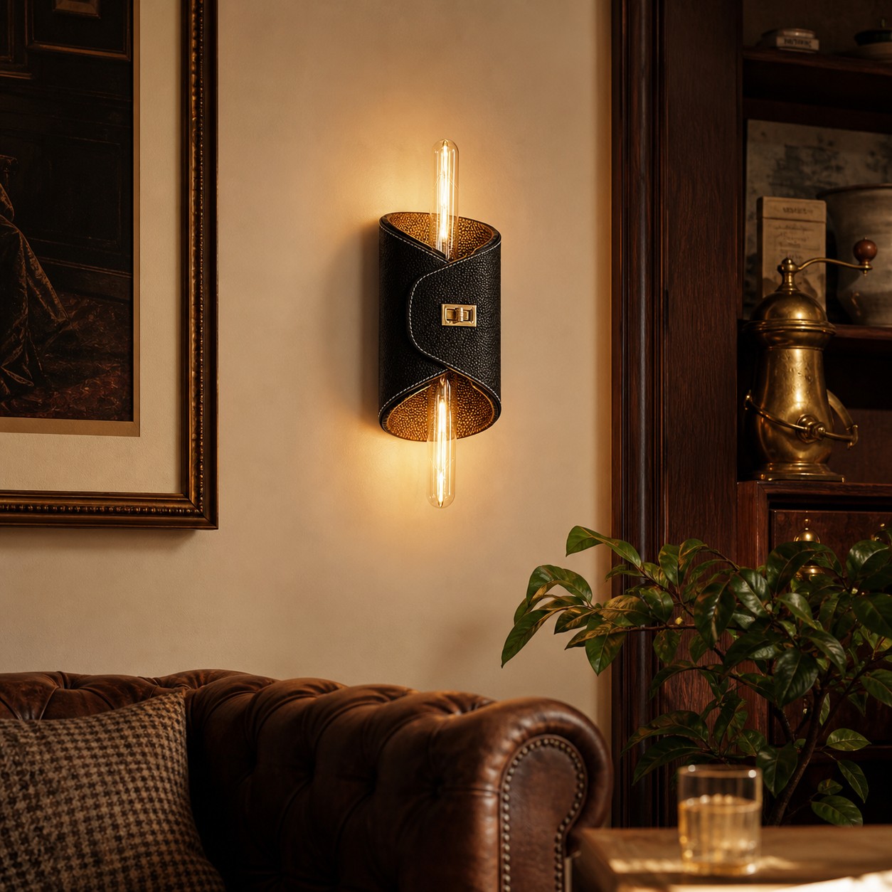 Black leather wall lamp in a classic living room