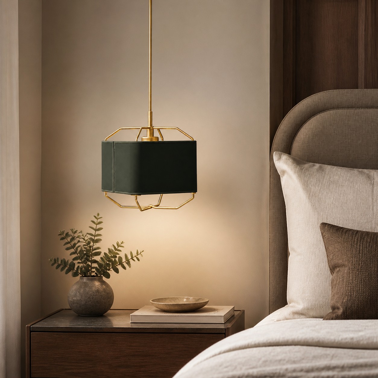 Dark green leather pendant lamp over a bedside table