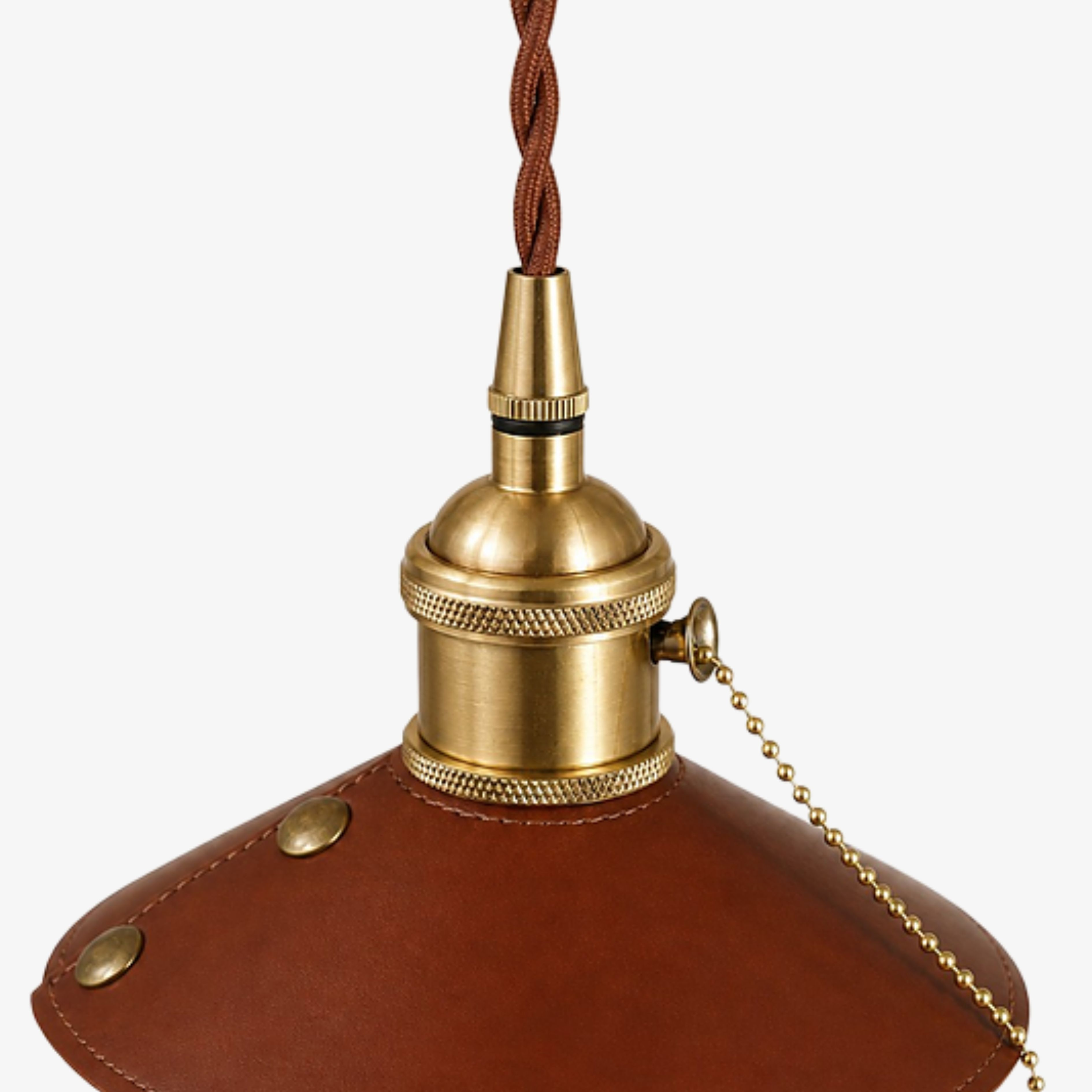 Brown leather shade stitching and antique brass socket detail