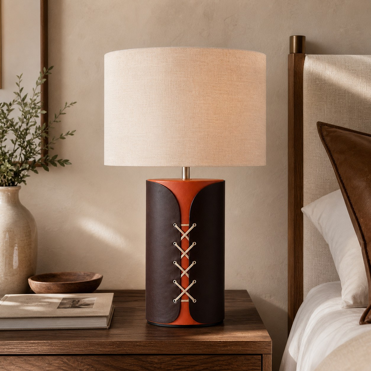 Laced panel leather lamp beside a bed