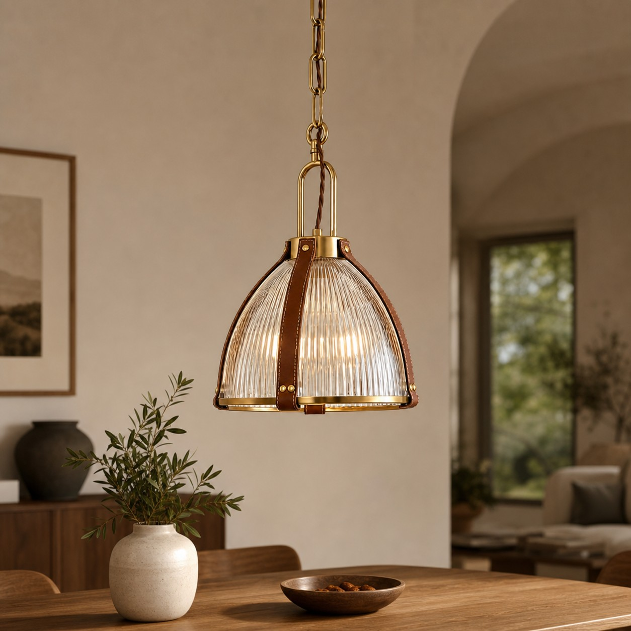 Leather and ribbed glass pendant above a dining table