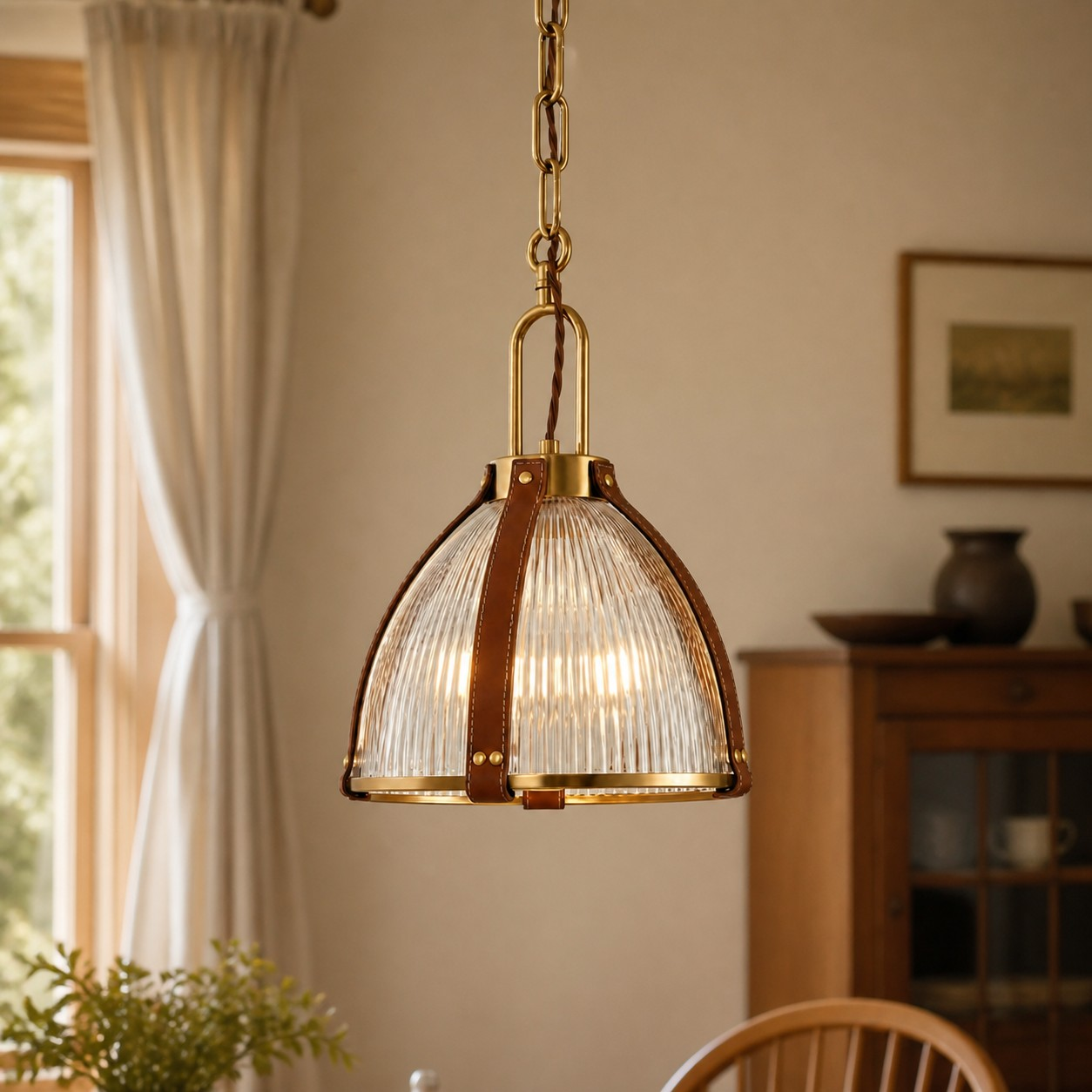 Vintage leather pendant in a warm interior