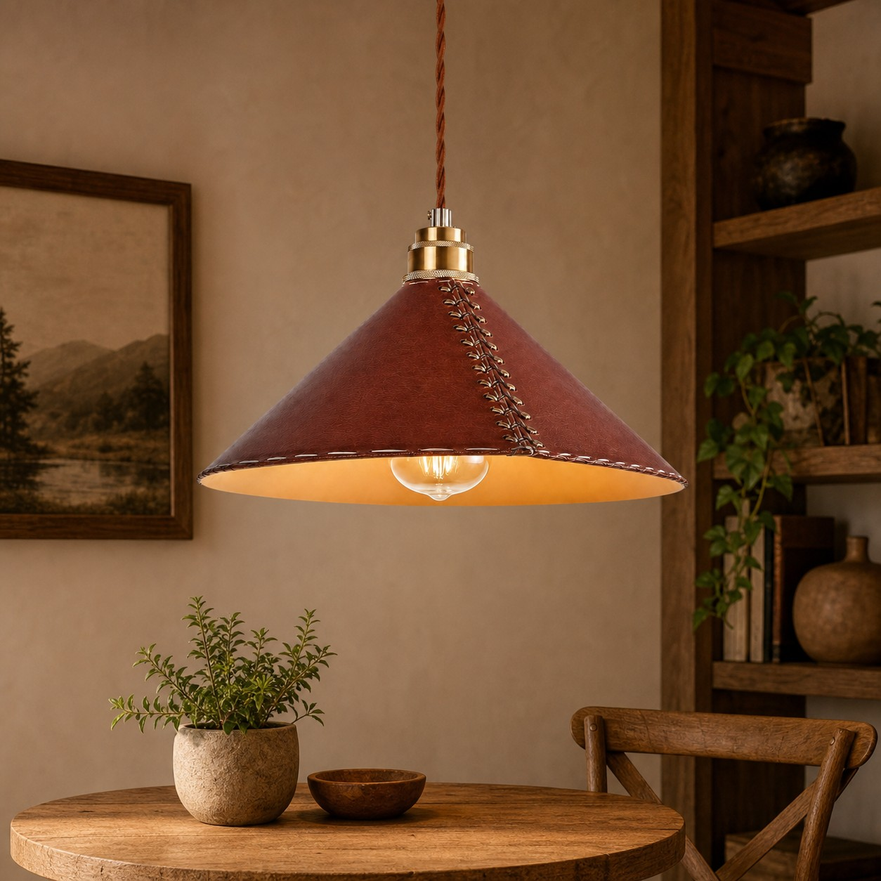 Cognac leather pendant above a round dining table