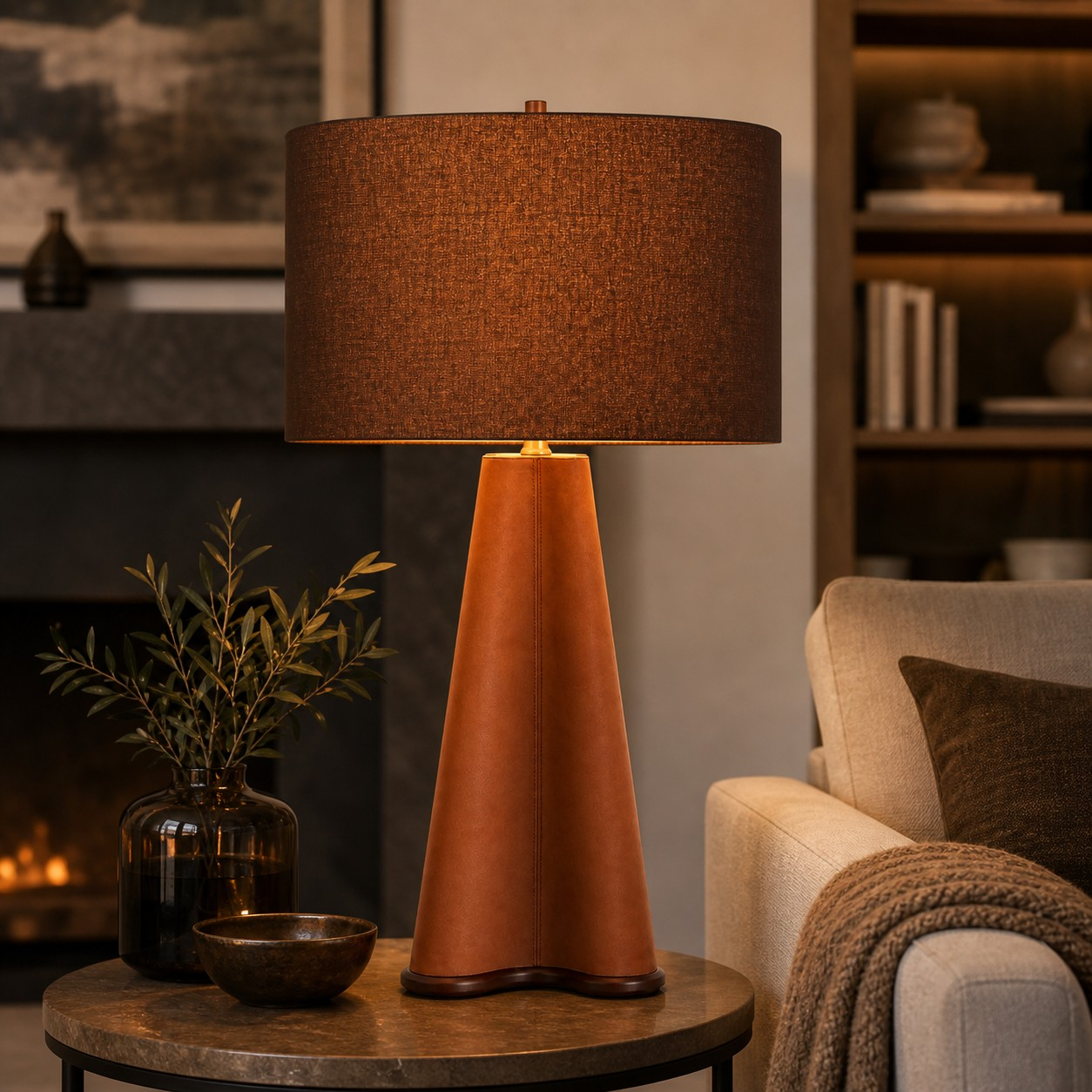 Brown shade leather tripod lamp in a living room