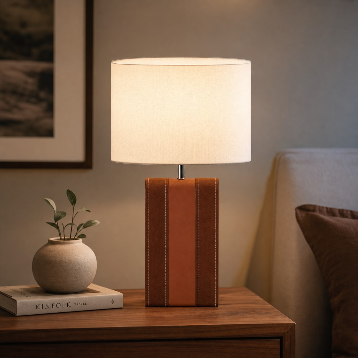 Stitched panel lamp on a side table