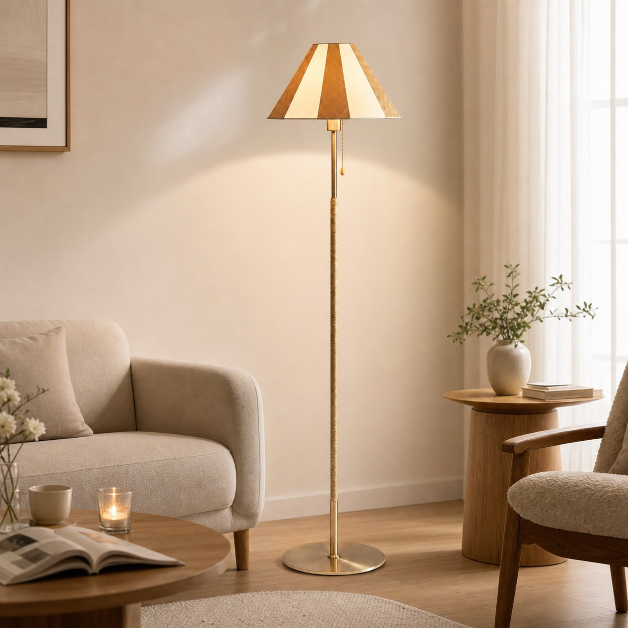 Rice yellow leather floor lamp in a light reading area