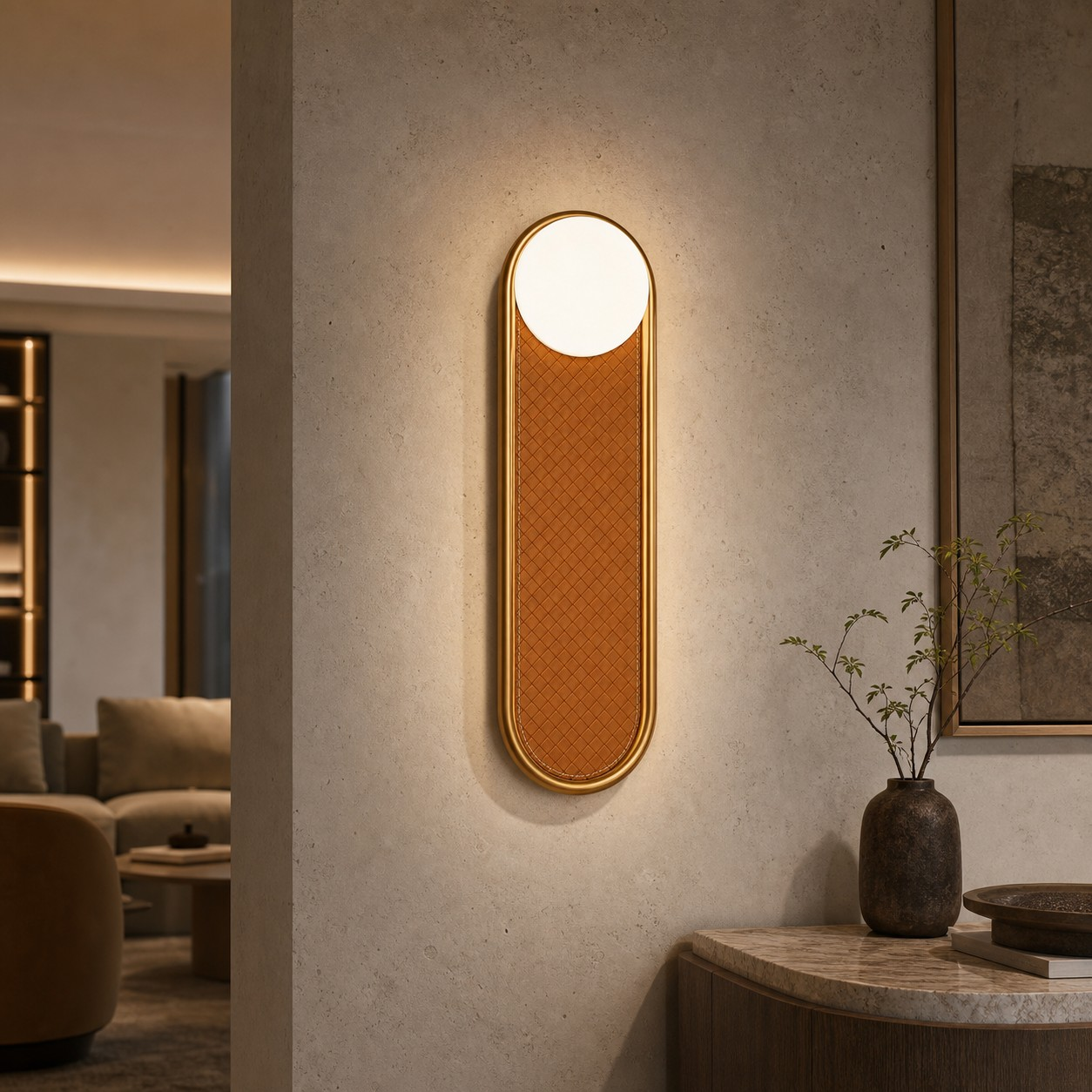 Woven leather wall lamp in a refined living room