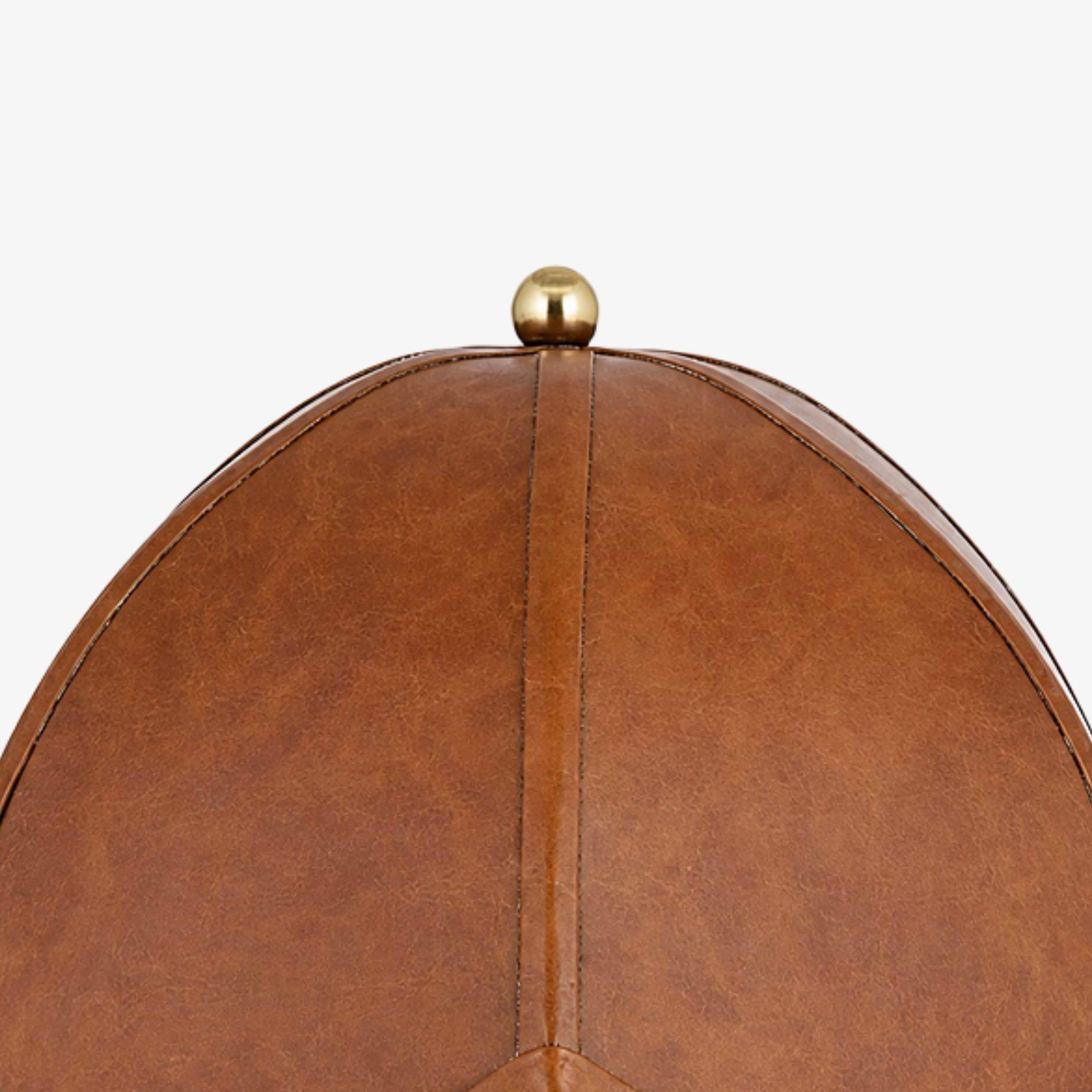 Leather shade crown with brass finial and stitched seams