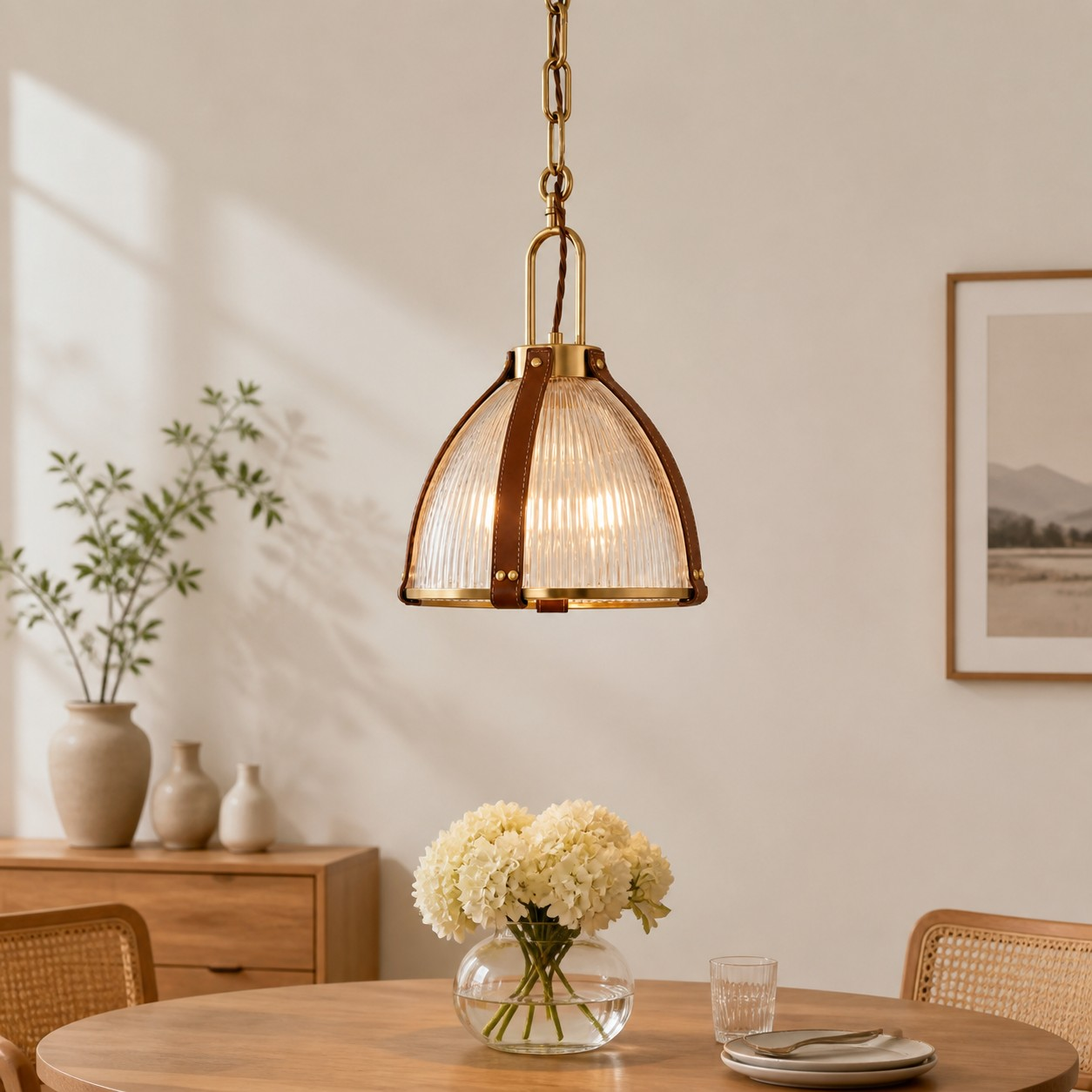 Glass pendant above a light wood dining table
