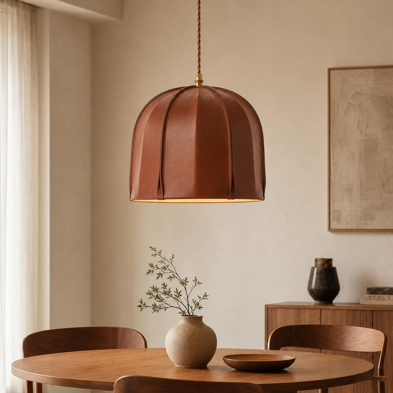 Leather pendant in a warm dining room