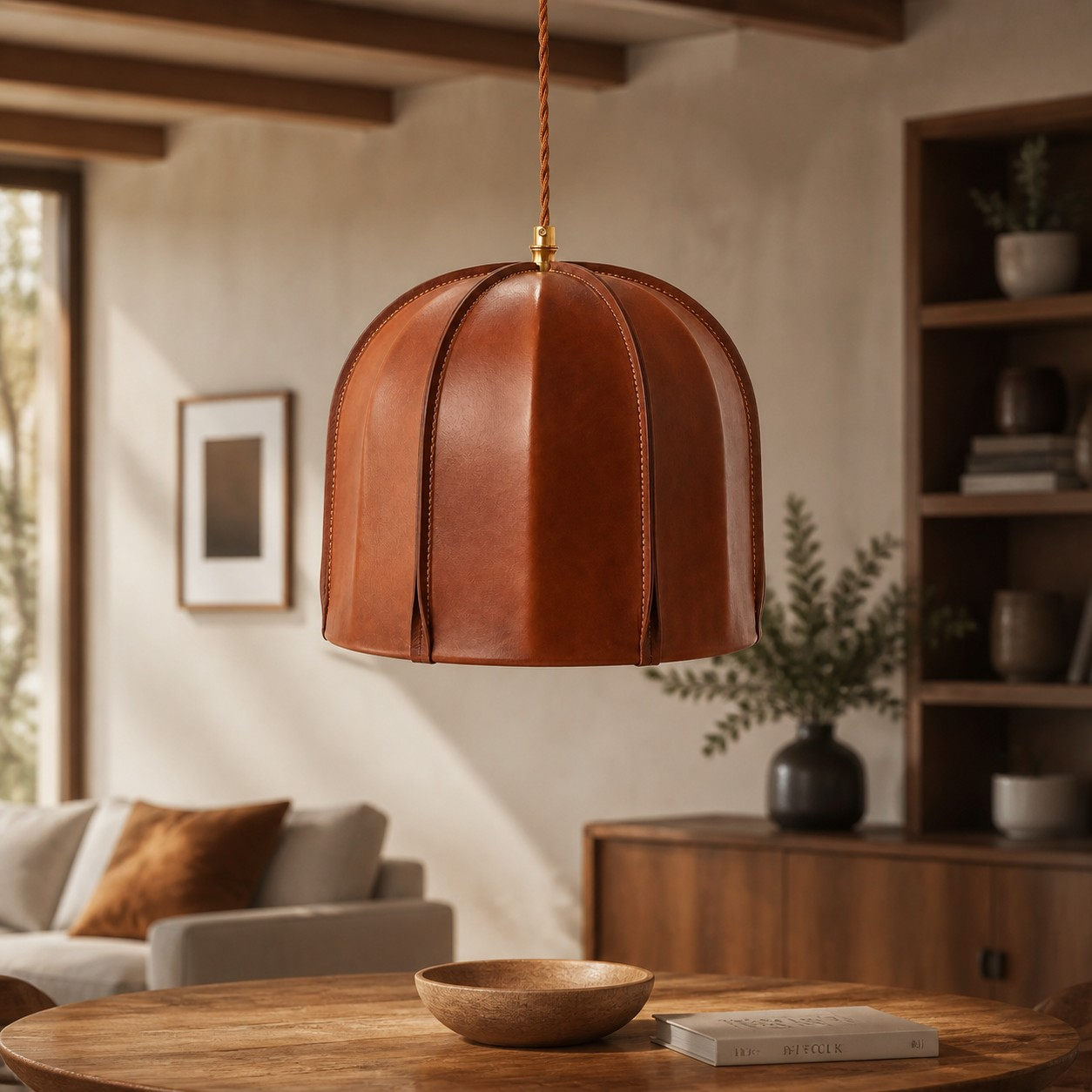 Leather dome pendant above a round dining table