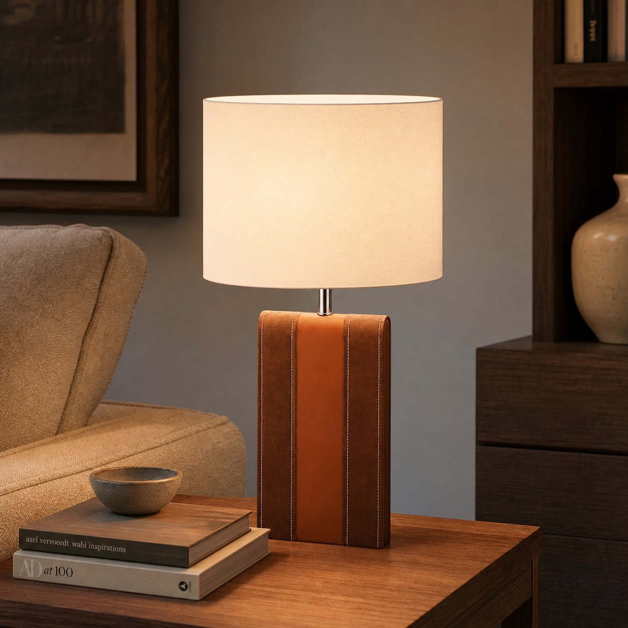 Stitched panel leather table lamp in a living room