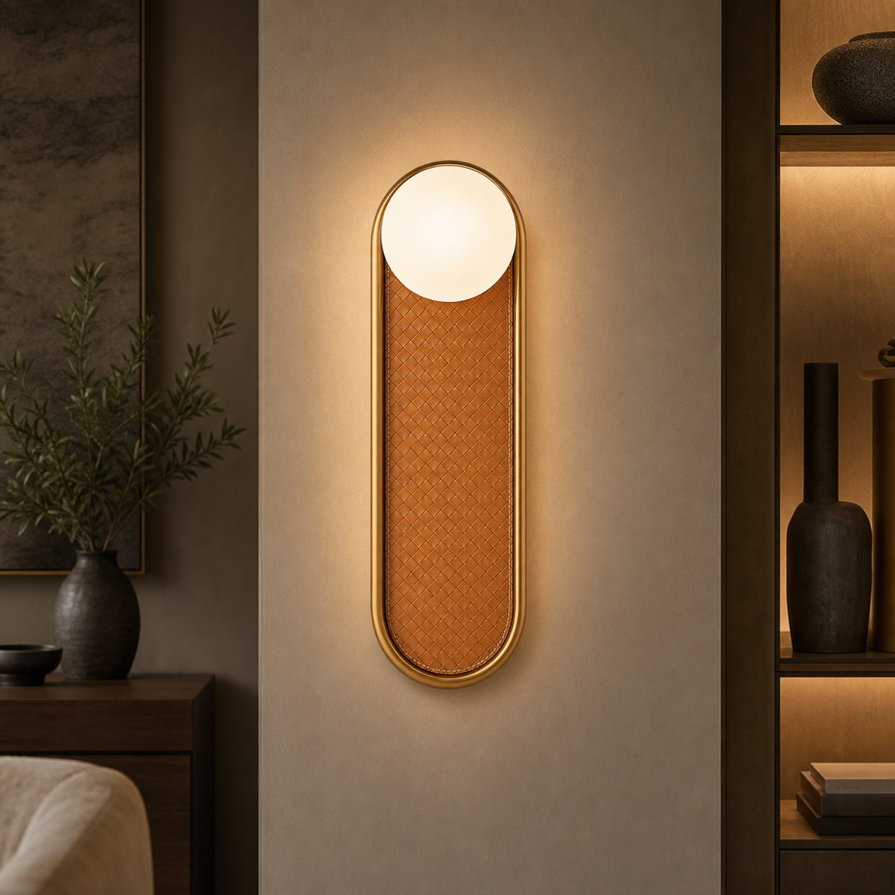 Woven leather wall lamp in a warm interior