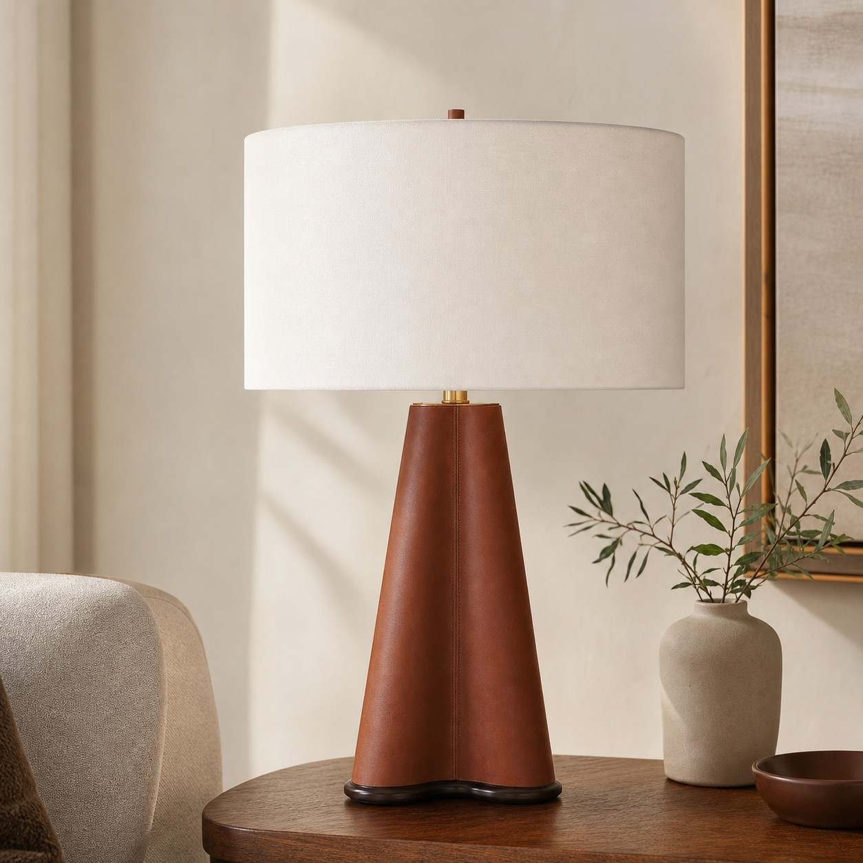 White shade lamp on a side table